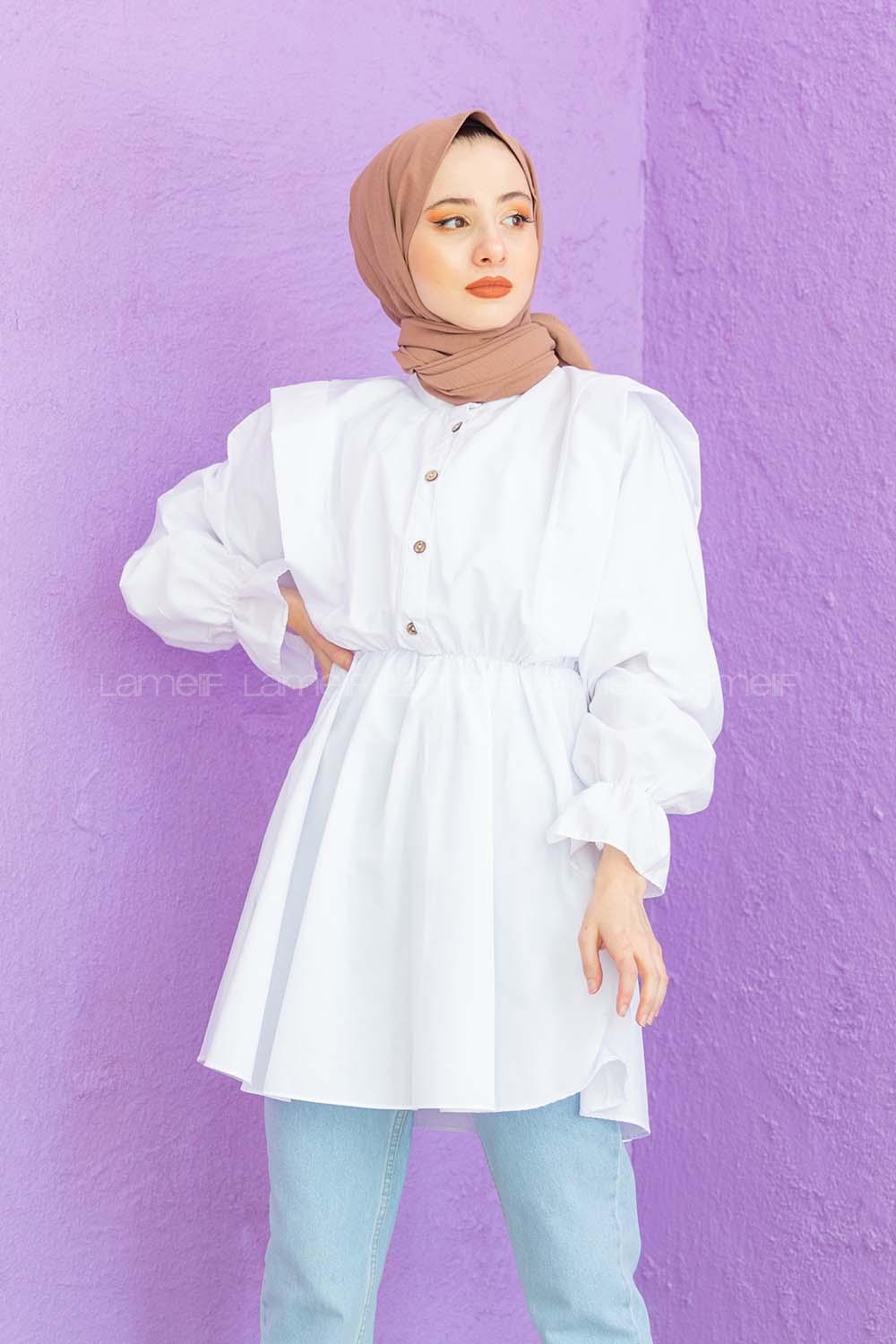 Modalamelif Hakim Yaka Bel Lastikli Tunik Beyaz