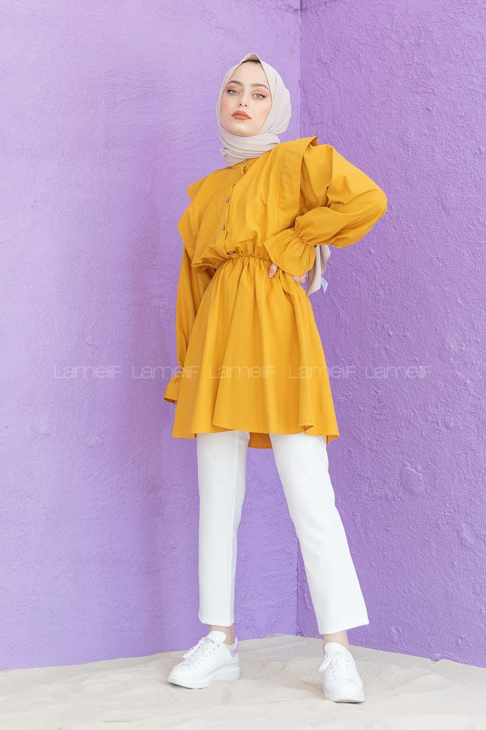 Modalamelif Hakim Yaka Bel Lastikli Tunik Hardal Sarısı