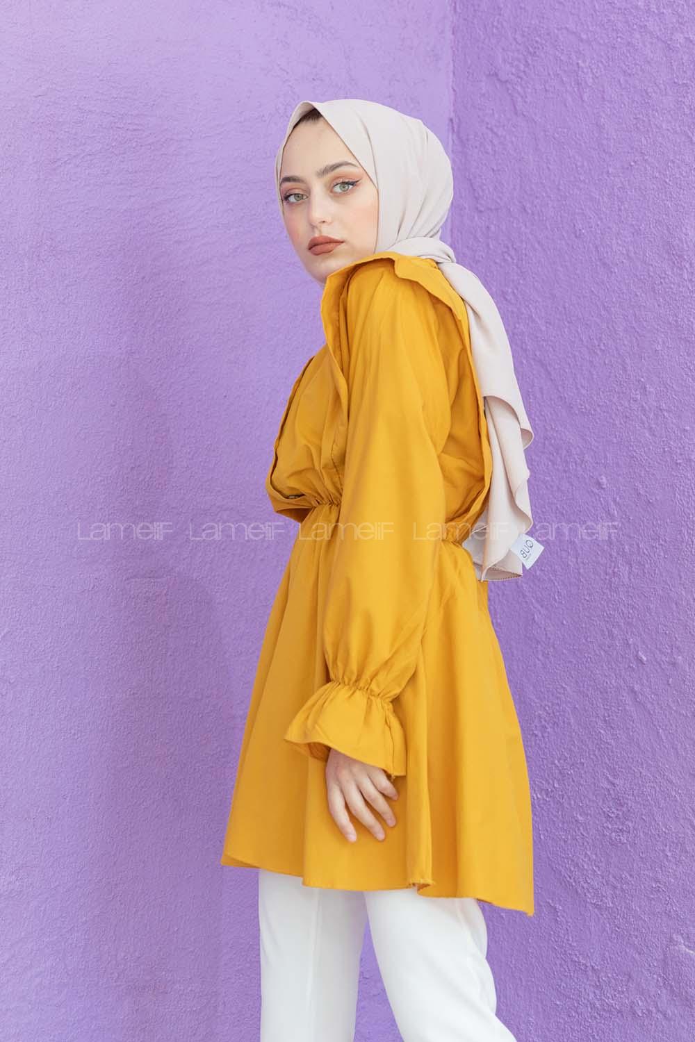 Modalamelif Hakim Yaka Bel Lastikli Tunik Hardal Sarısı