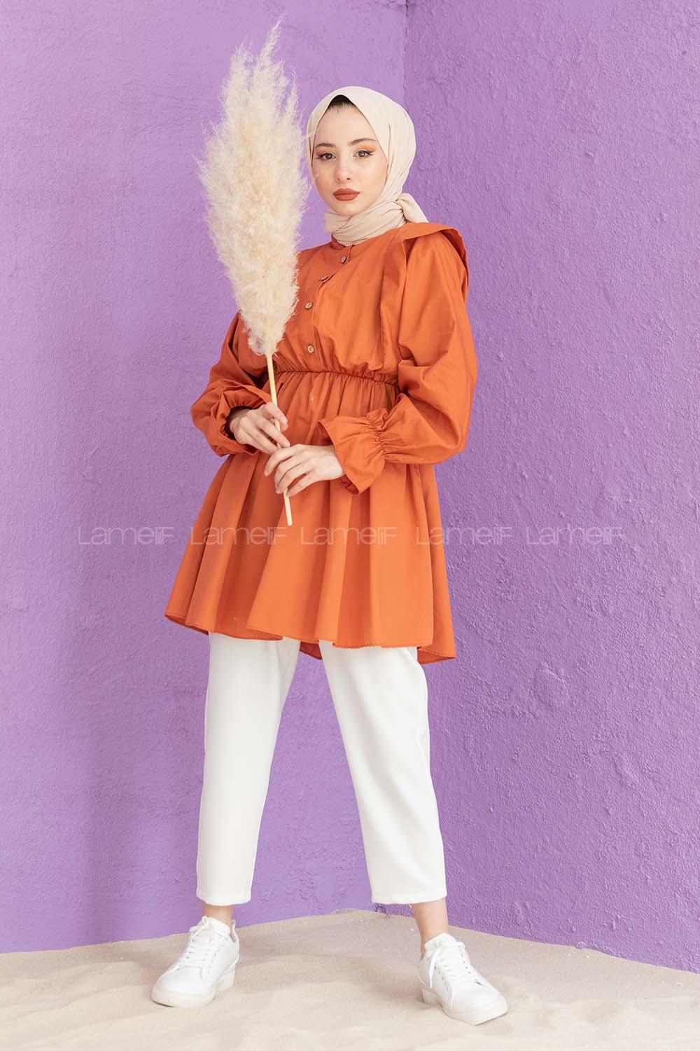 Modalamelif Hakim Yaka Bel Lastikli Tunik Kiremit