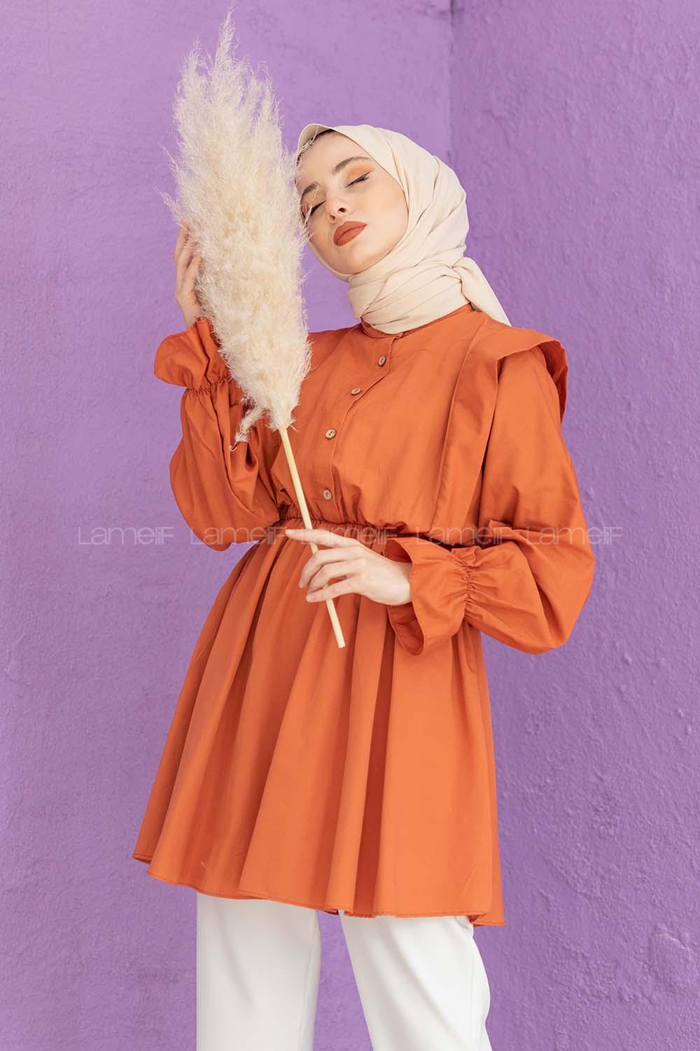 Modalamelif Hakim Yaka Bel Lastikli Tunik Kiremit