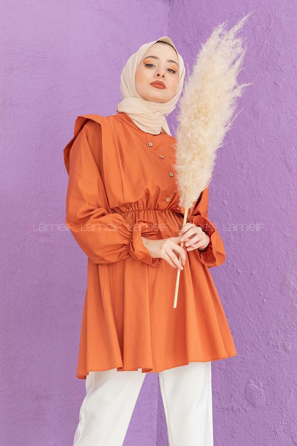 Modalamelif Hakim Yaka Bel Lastikli Tunik Kiremit