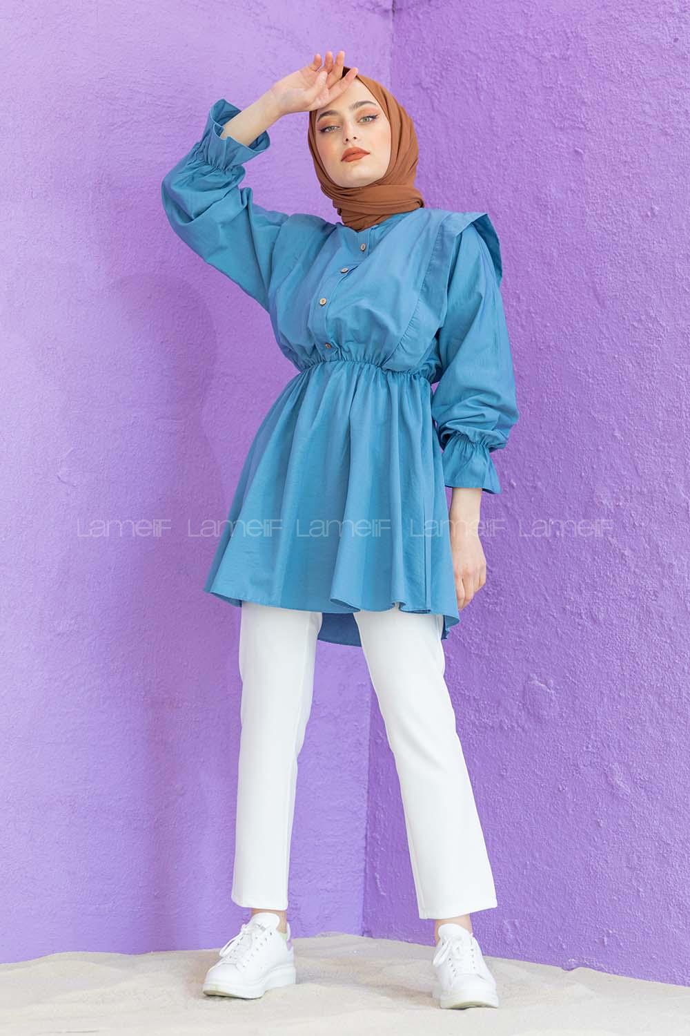 Modalamelif Hakim Yaka Bel Lastikli Tunik Mavi