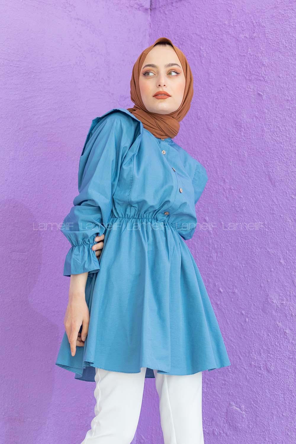 Modalamelif Hakim Yaka Bel Lastikli Tunik Mavi