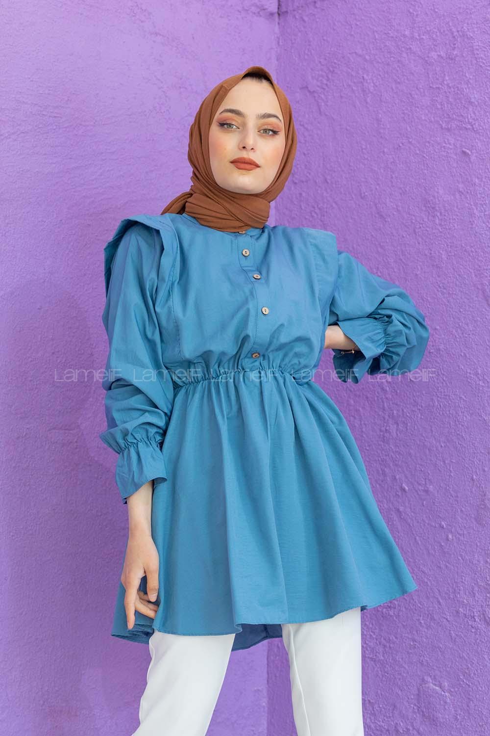 Modalamelif Hakim Yaka Bel Lastikli Tunik Mavi