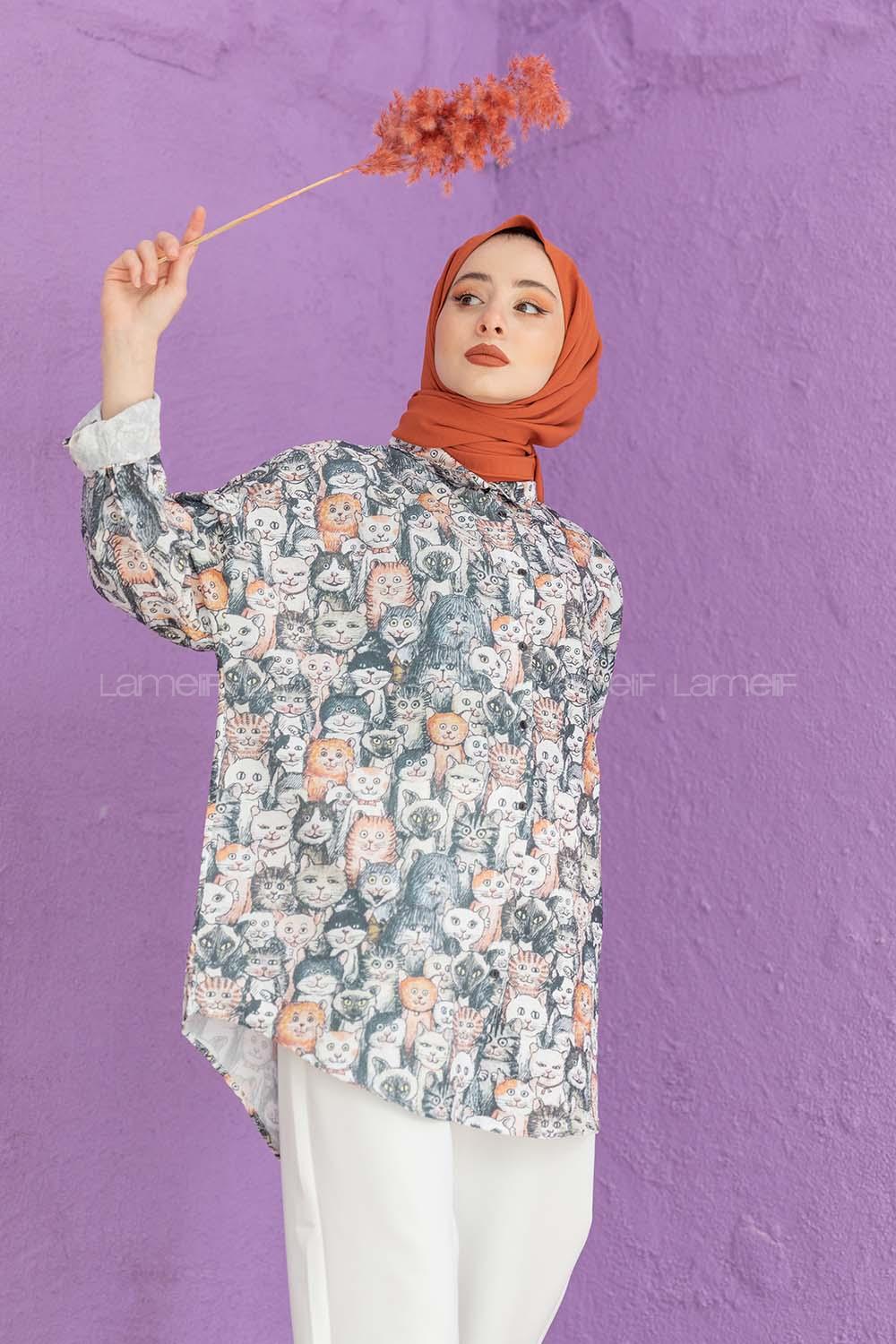 Modalamelif Kedi Baskılı Salaş Gömlek Ekru