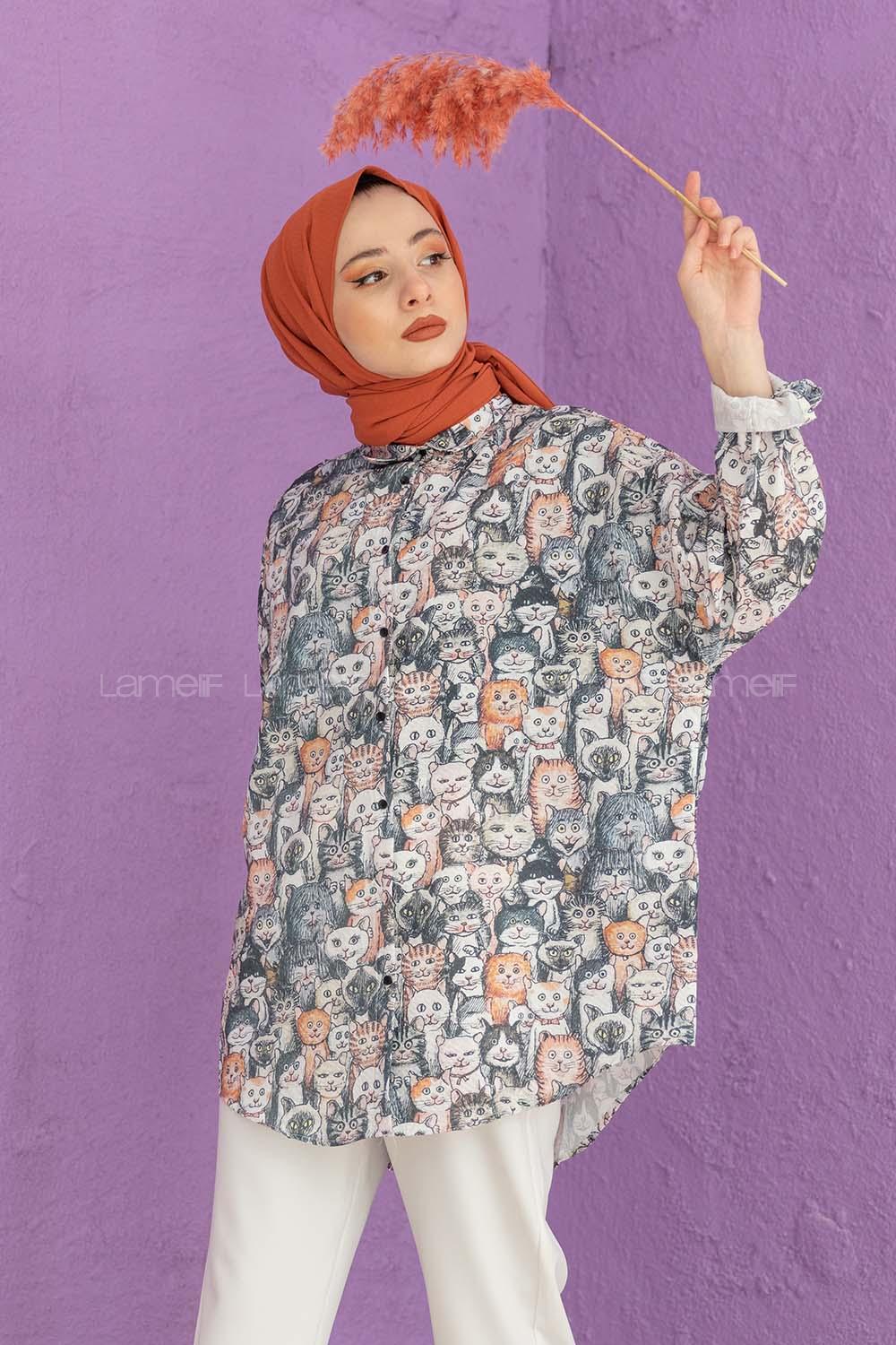 Modalamelif Kedi Baskılı Salaş Gömlek Ekru