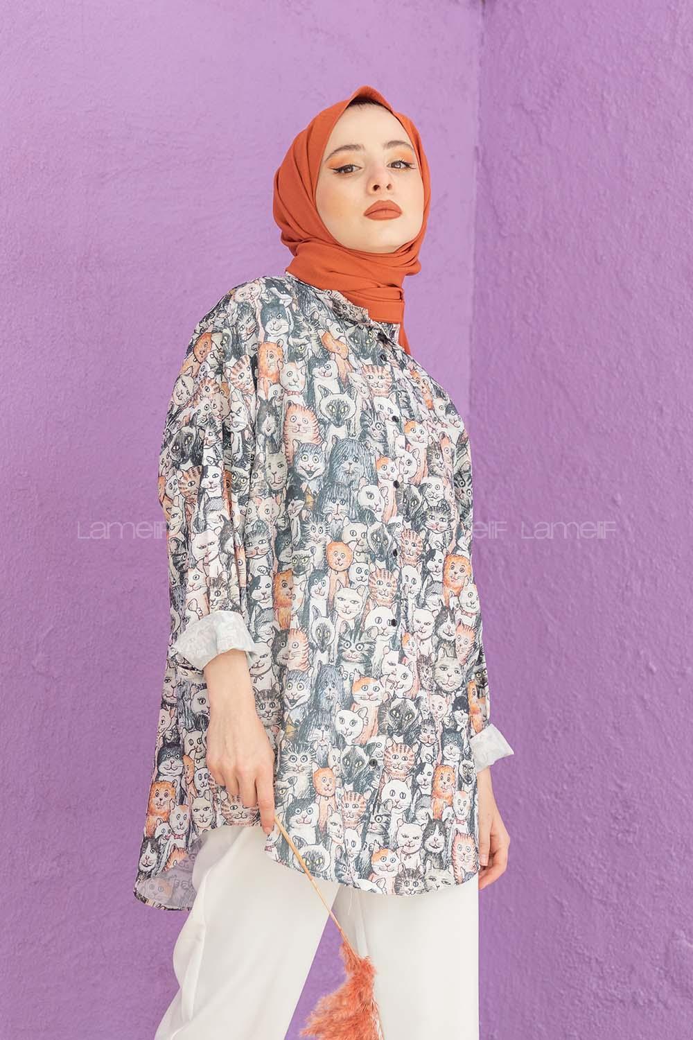 Modalamelif Kedi Baskılı Salaş Gömlek Ekru