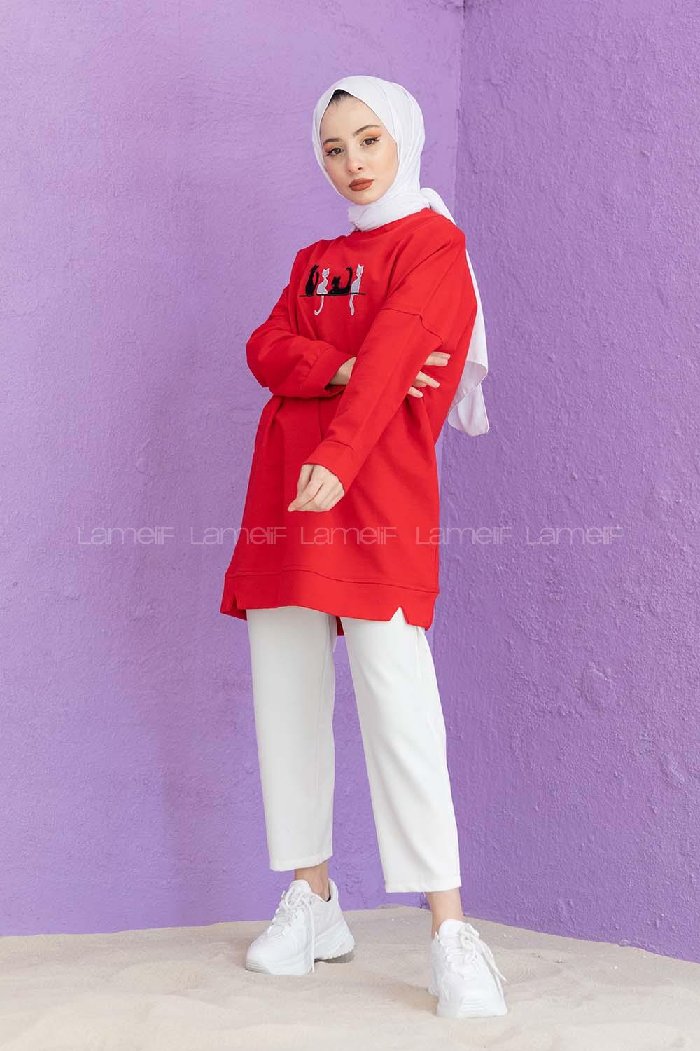 Modalamelif Kedi Baskılı Sweatshirt Kırmızı