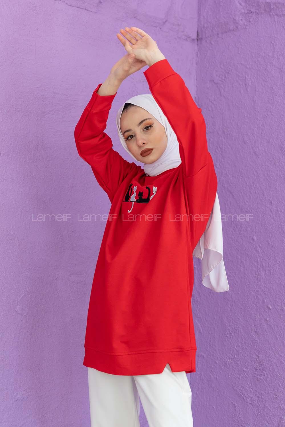 Modalamelif Kedi Baskılı Sweatshirt Kırmızı