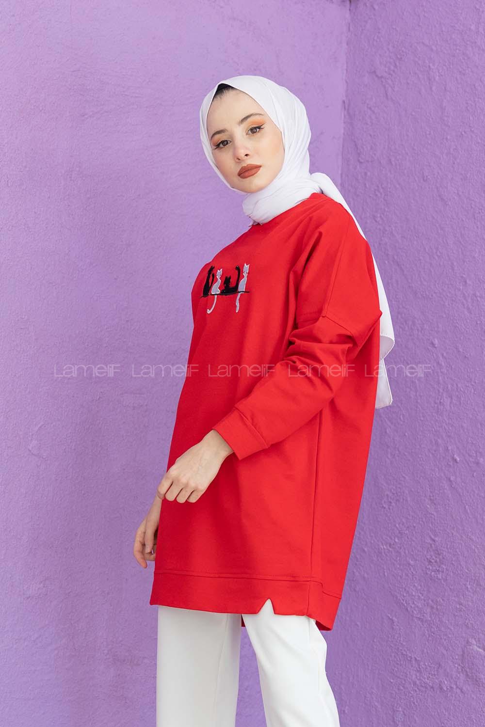 Modalamelif Kedi Baskılı Sweatshirt Kırmızı