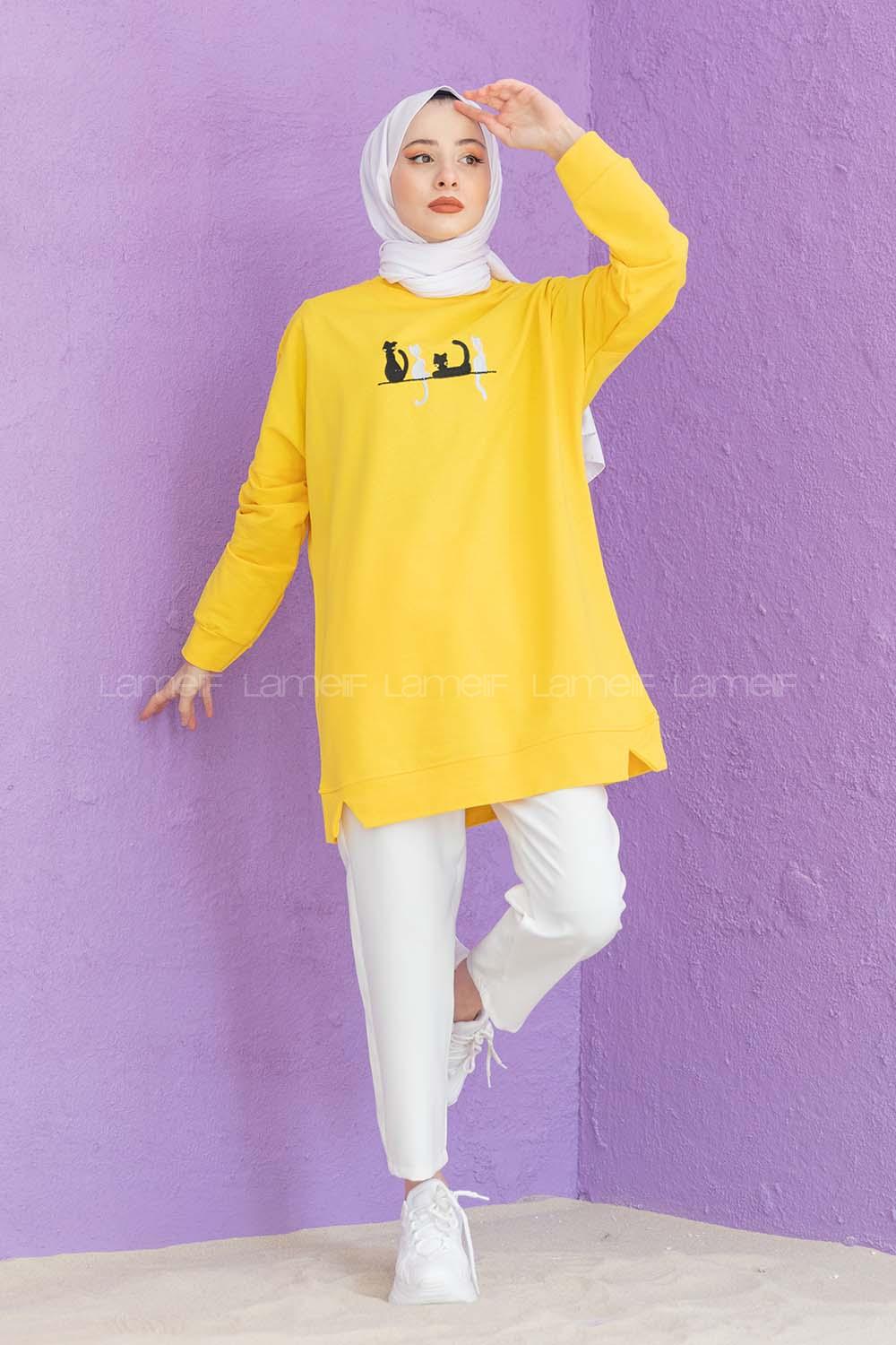 Modalamelif Kedi Baskılı Sweatshirt Sarı