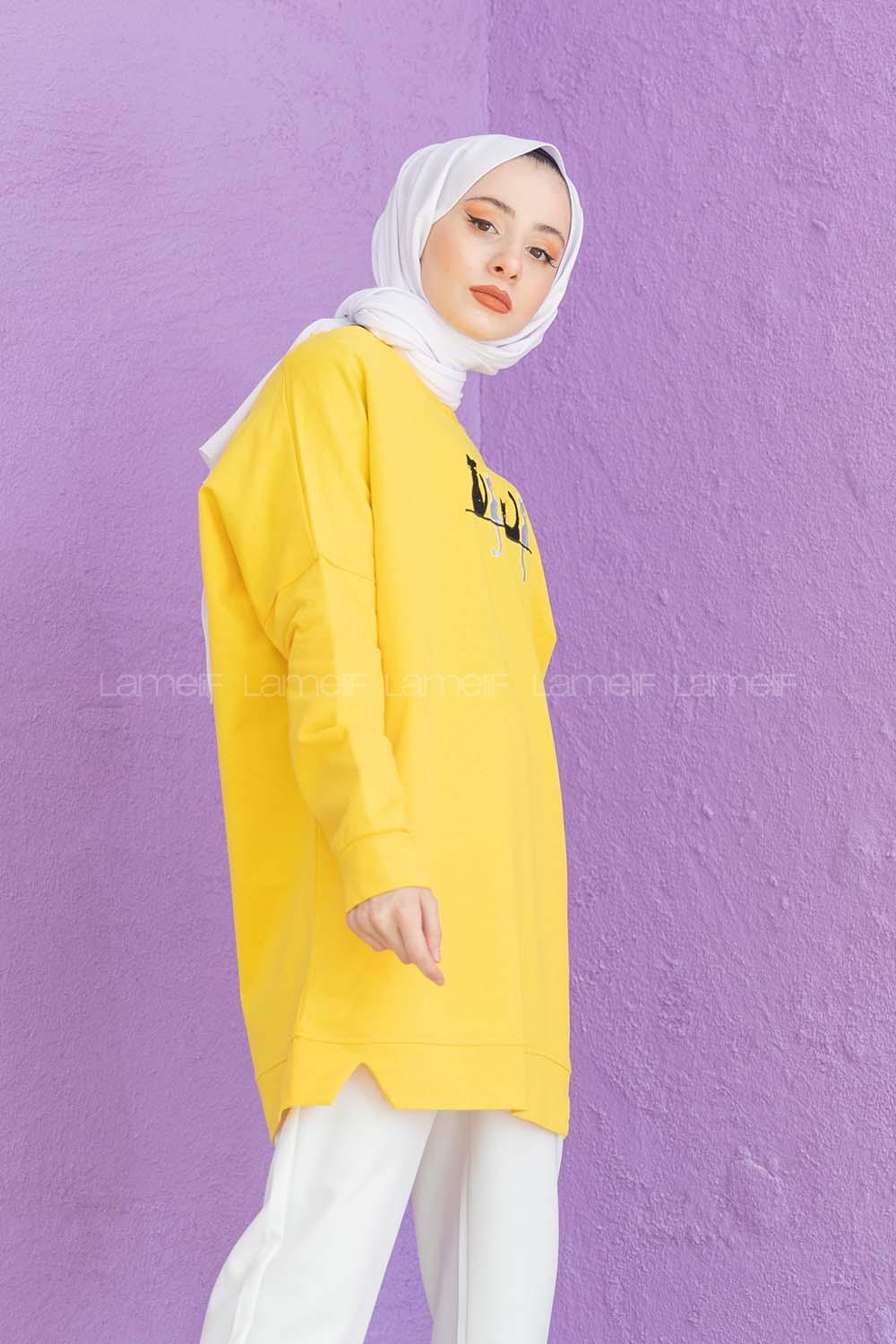 Modalamelif Kedi Baskılı Sweatshirt Sarı