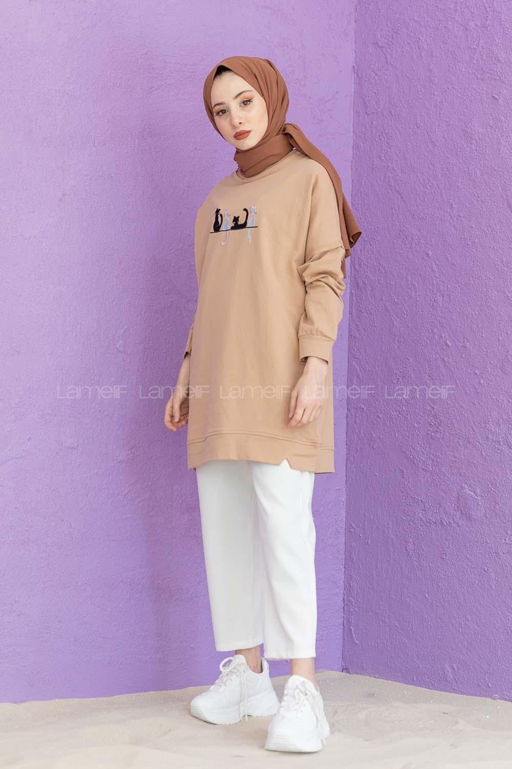 Modalamelif Kedi Baskılı Sweatshirt Sütlü Kahve