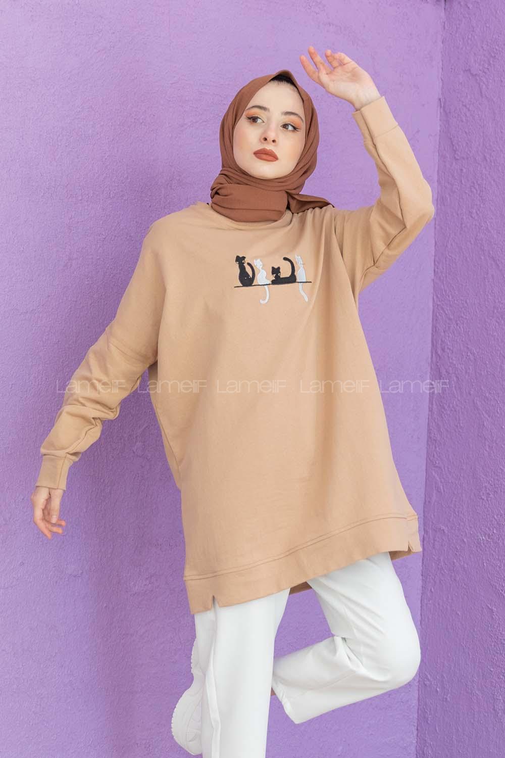 Modalamelif Kedi Baskılı Sweatshirt Sütlü Kahve