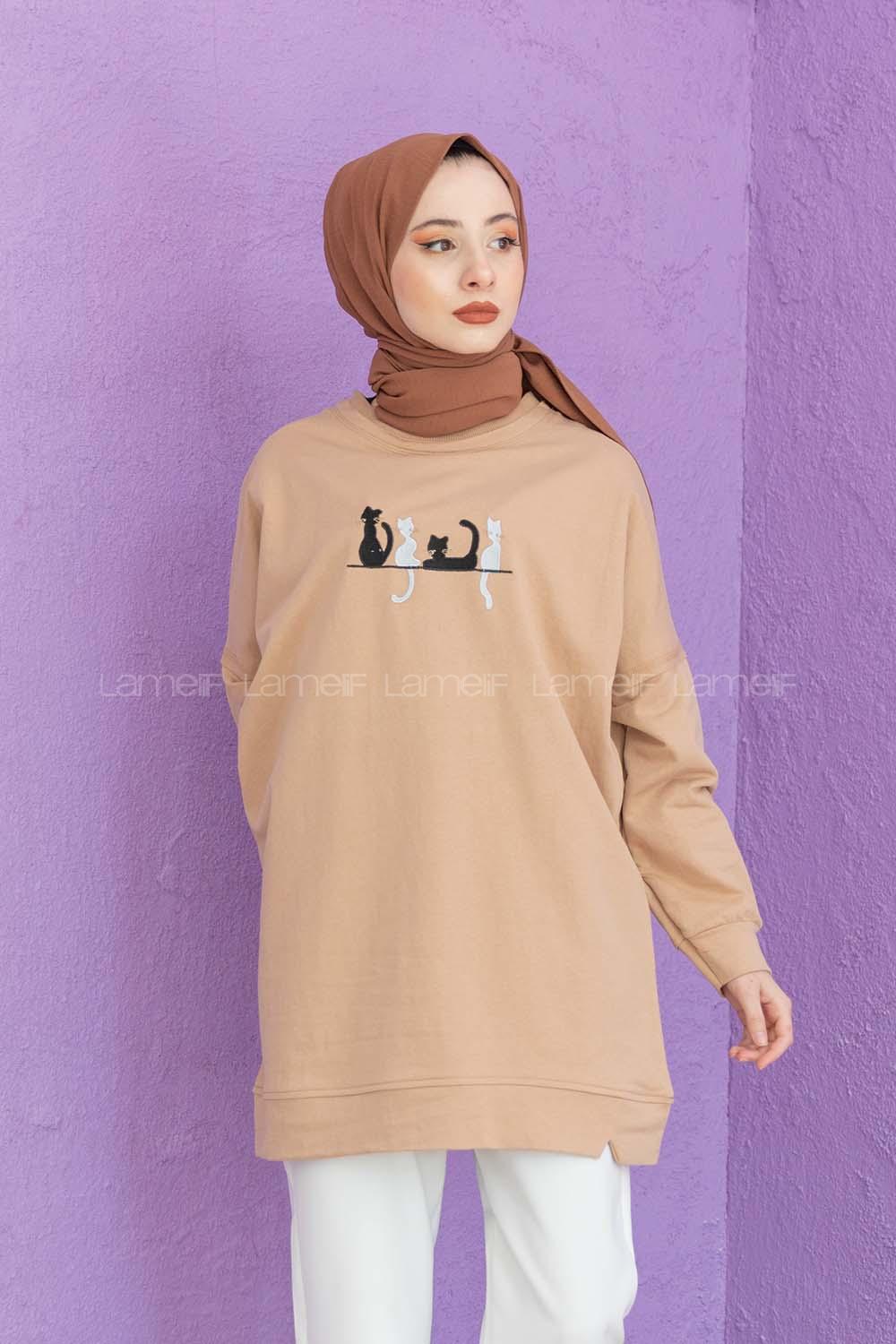 Modalamelif Kedi Baskılı Sweatshirt Sütlü Kahve
