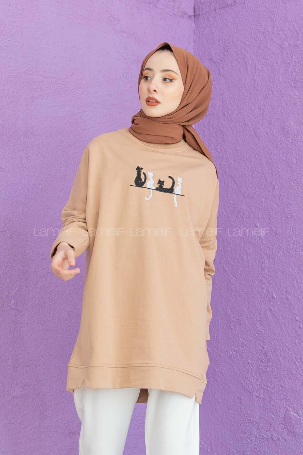 Modalamelif Kedi Baskılı Sweatshirt Sütlü Kahve