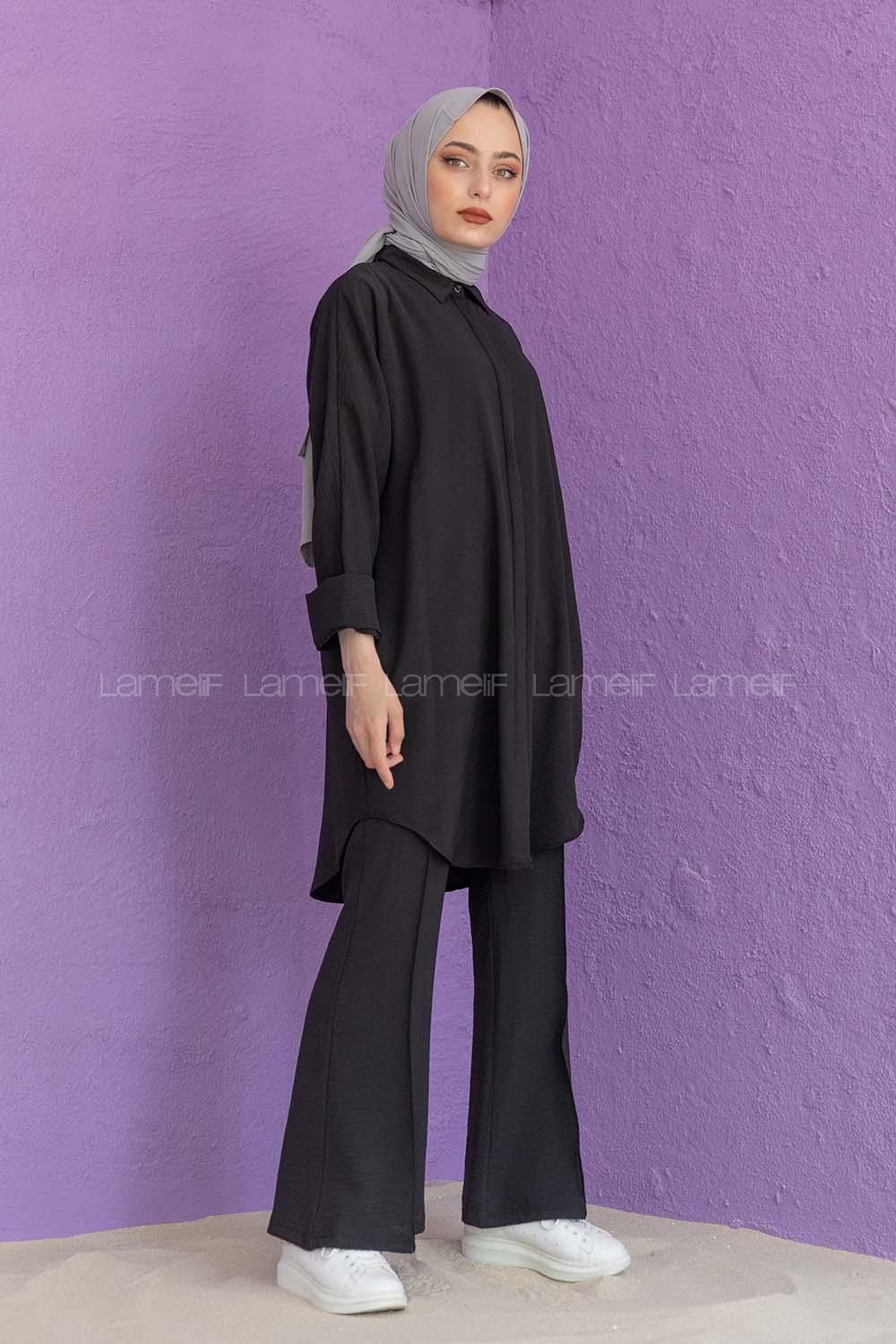 Modalamelif Önü Gizli Düğmeli İspanyol Takım Siyah