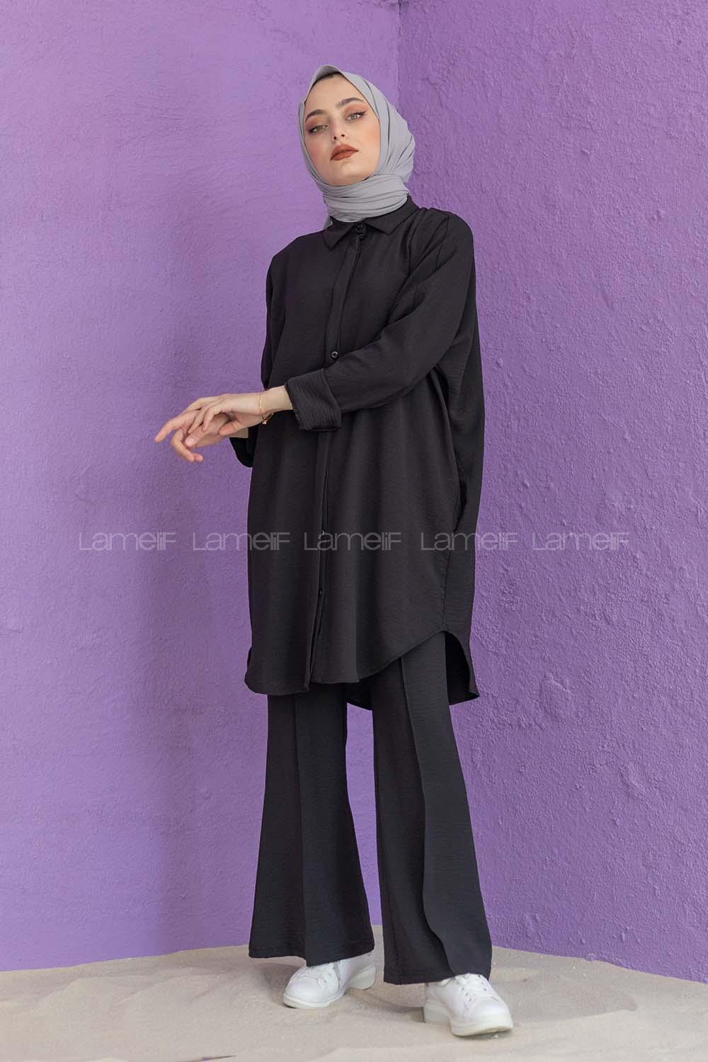 Modalamelif Önü Gizli Düğmeli İspanyol Takım Siyah