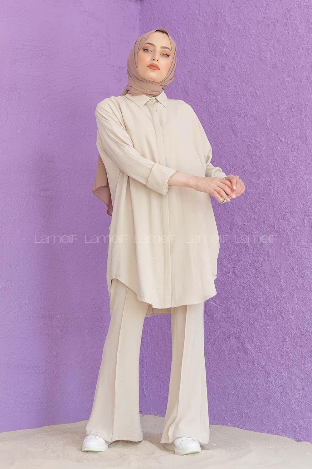 Modalamelif Önü Gizli Düğmeli İspanyol Takım Taş Rengi