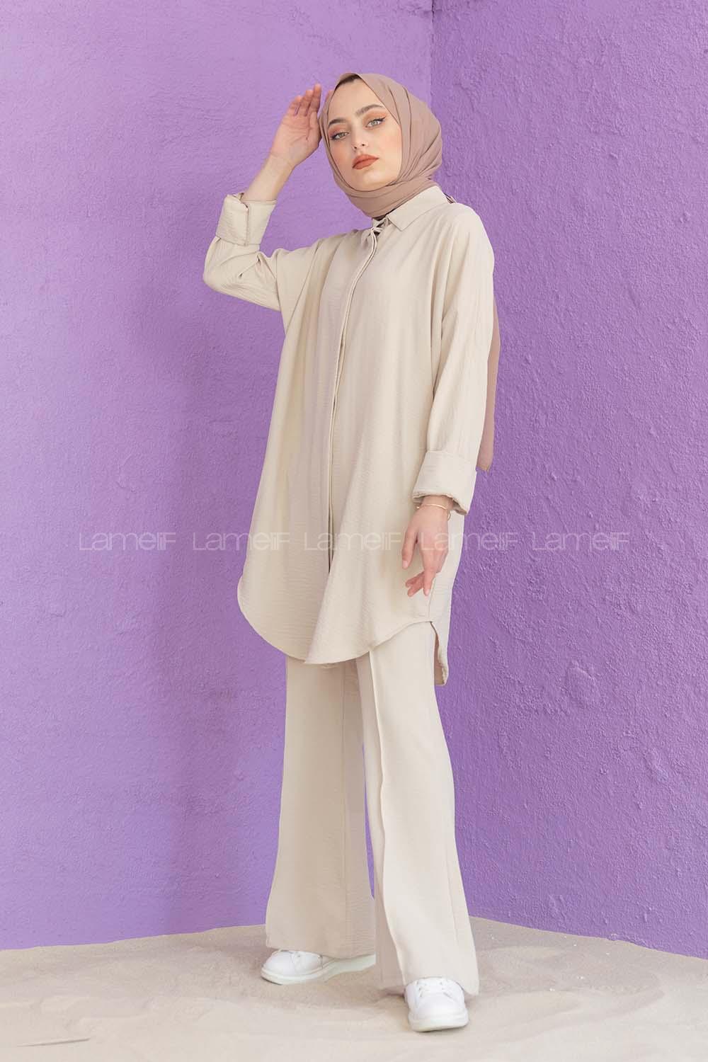 Modalamelif Önü Gizli Düğmeli İspanyol Takım Taş Rengi