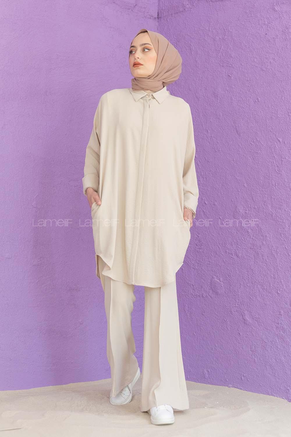 Modalamelif Önü Gizli Düğmeli İspanyol Takım Taş Rengi