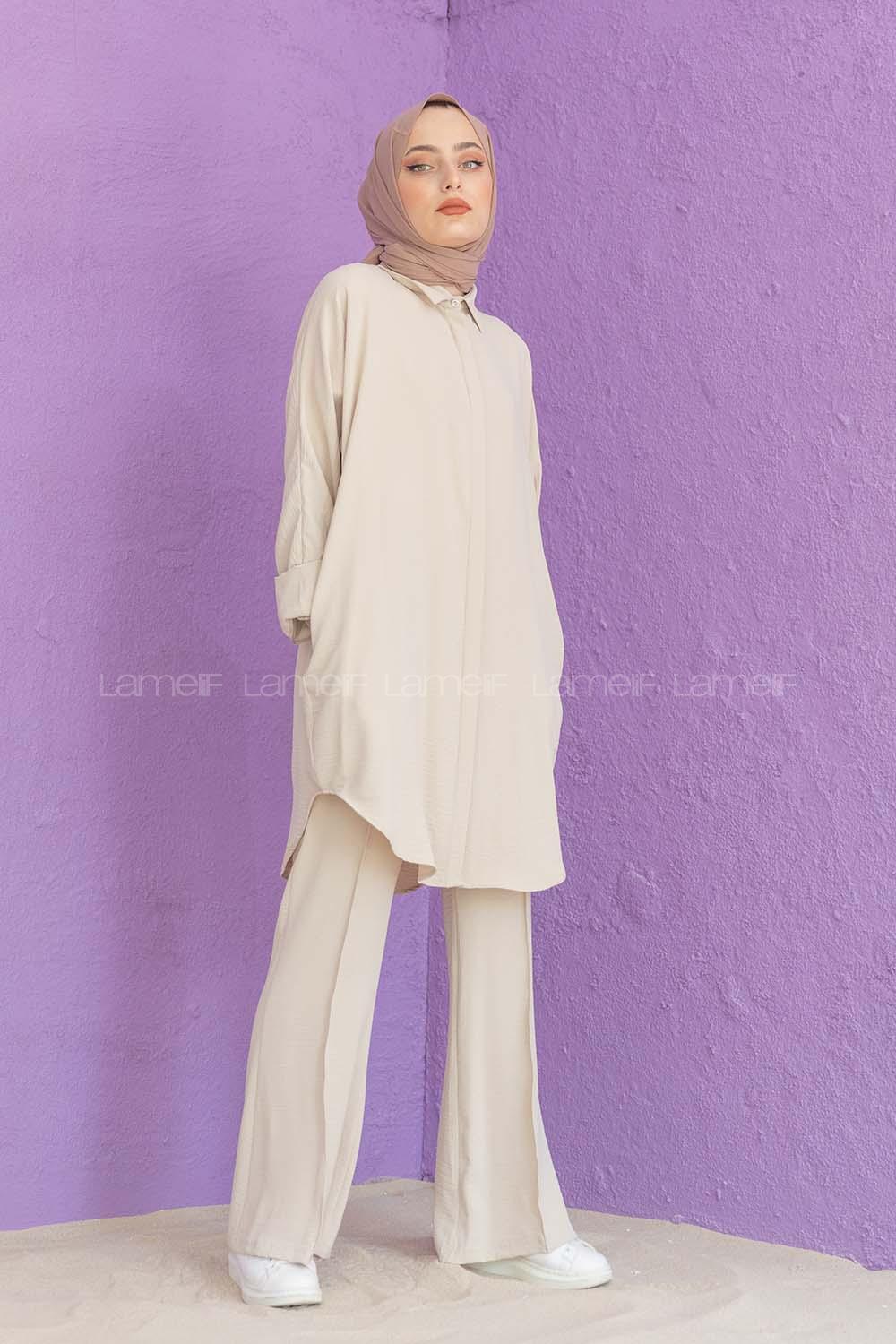 Modalamelif Önü Gizli Düğmeli İspanyol Takım Taş Rengi