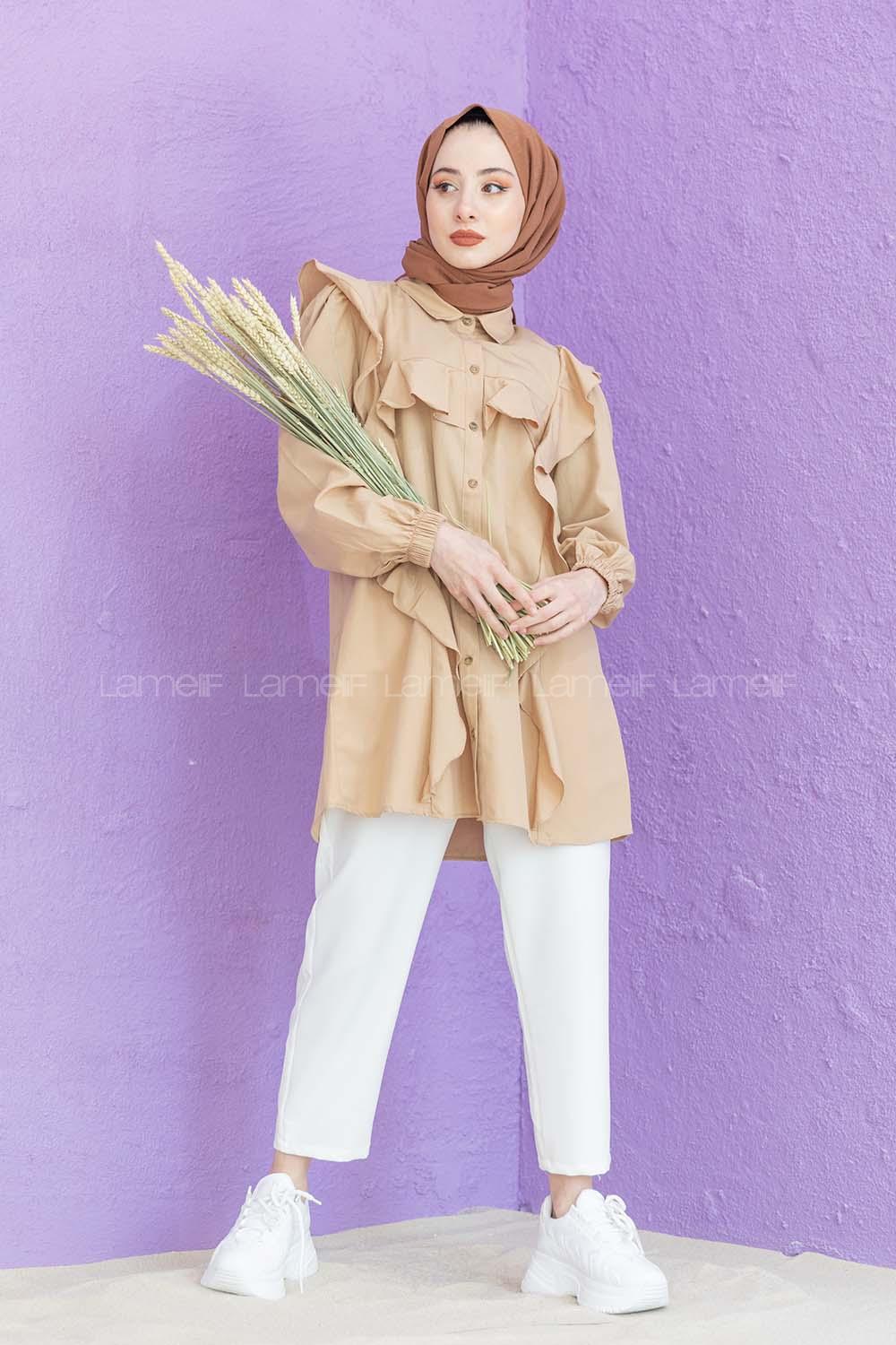 Modalamelif Önü Pileli Gömlek Camel