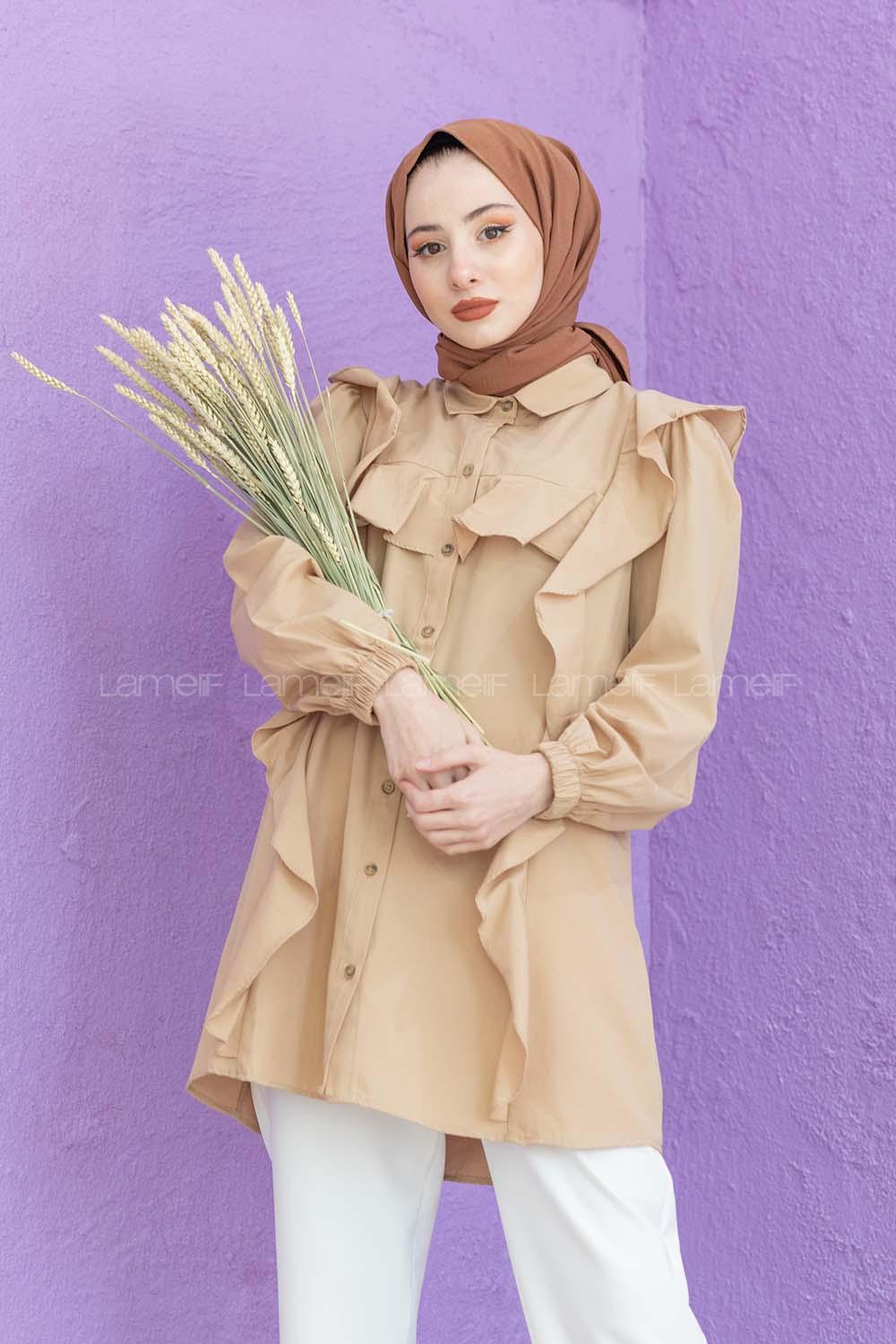 Modalamelif Önü Pileli Gömlek Camel