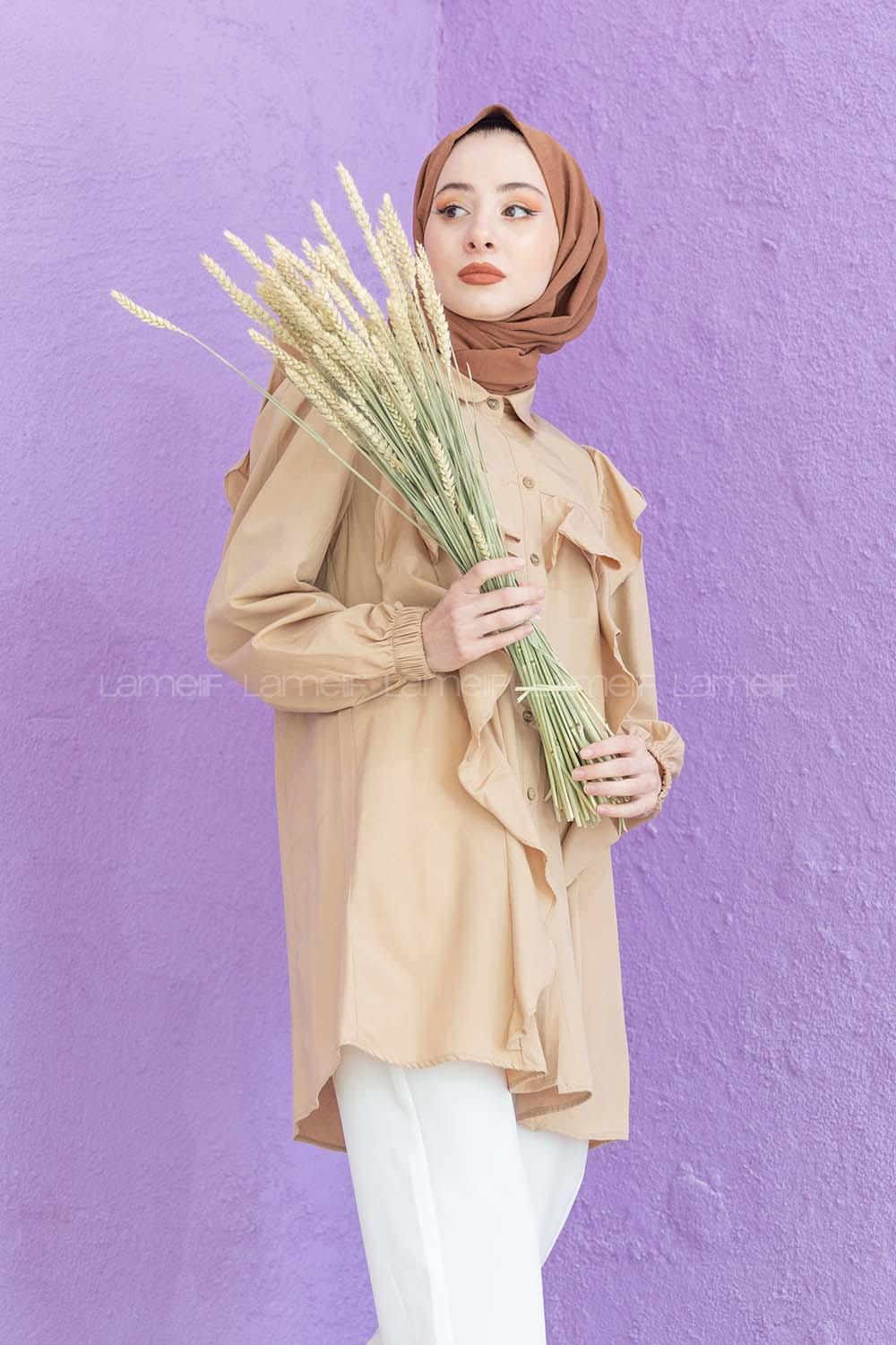 Modalamelif Önü Pileli Gömlek Camel