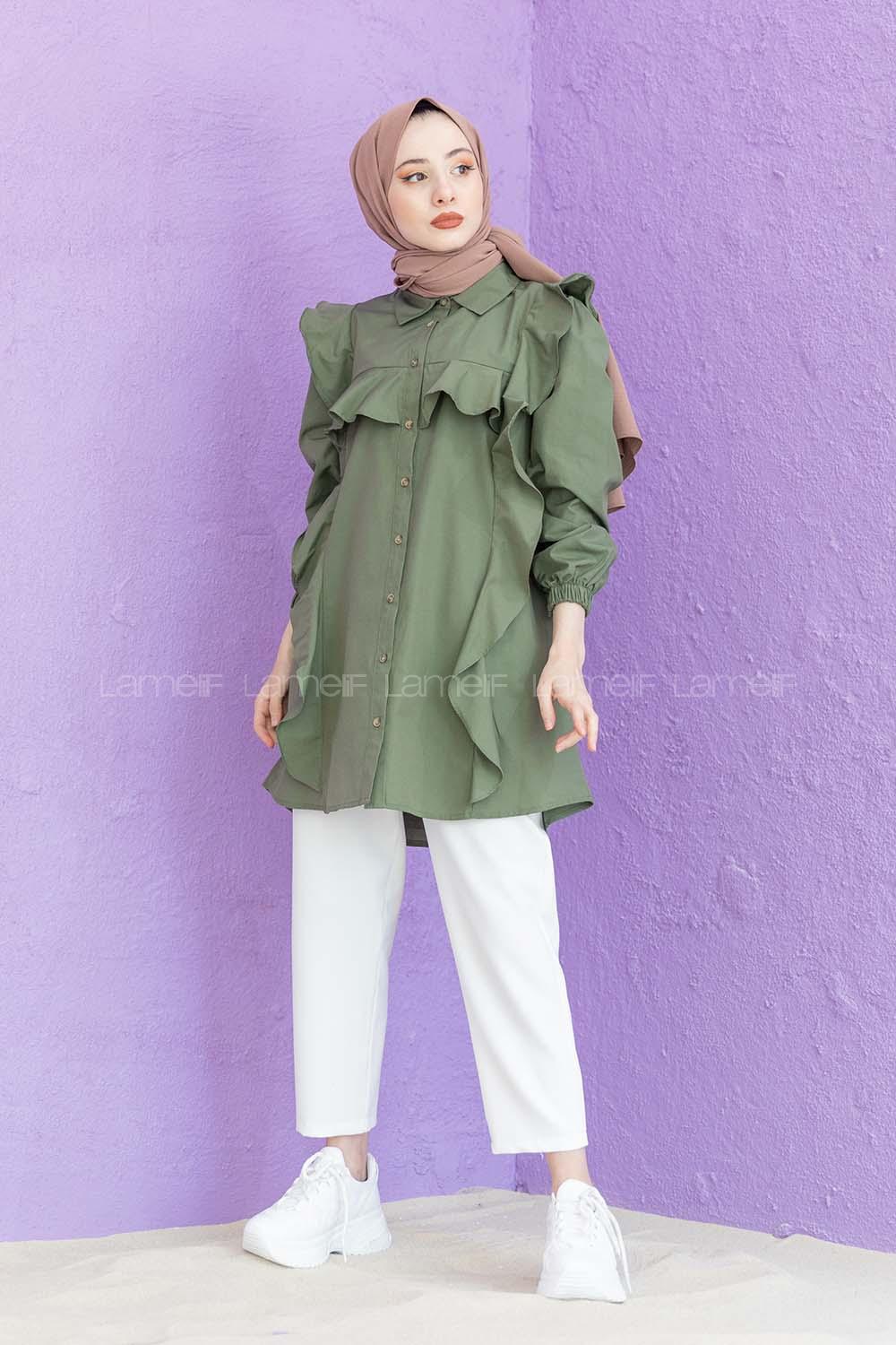 Modalamelif Önü Pileli Gömlek Haki