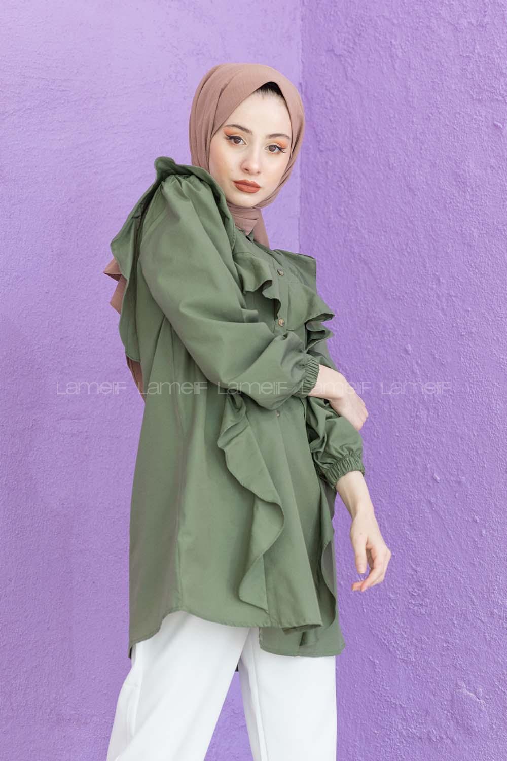 Modalamelif Önü Pileli Gömlek Haki