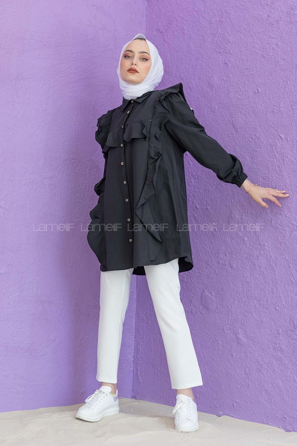 Modalamelif Önü Pileli Gömlek Siyah