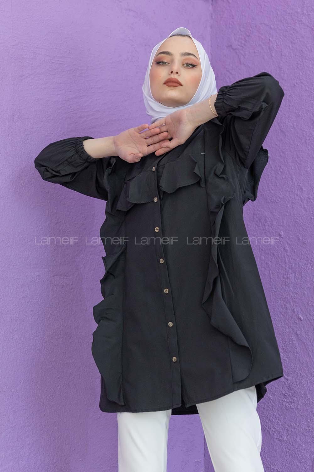 Modalamelif Önü Pileli Gömlek Siyah