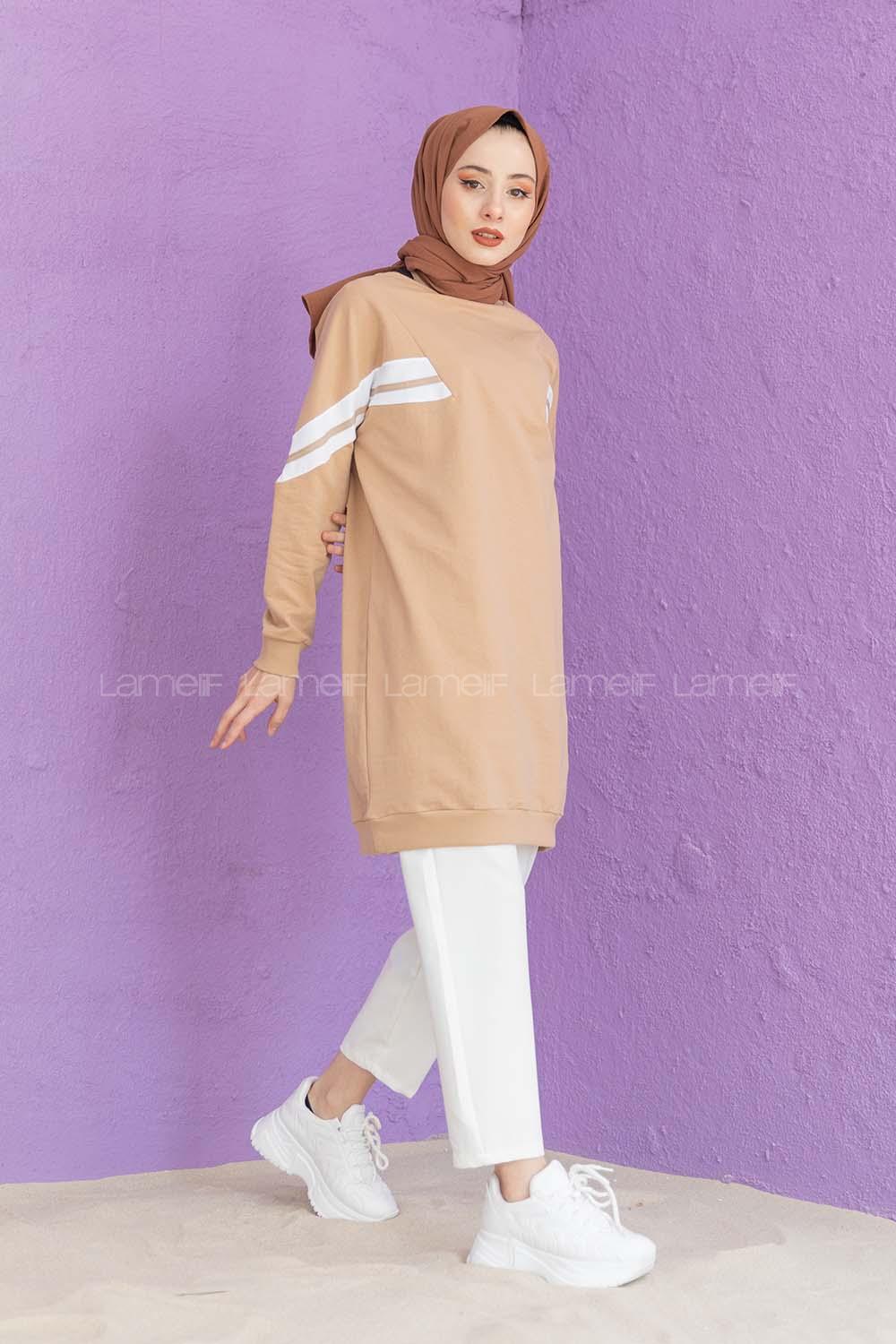 Modalamelif Şeritli Sweatshirt Sütlü Kahve