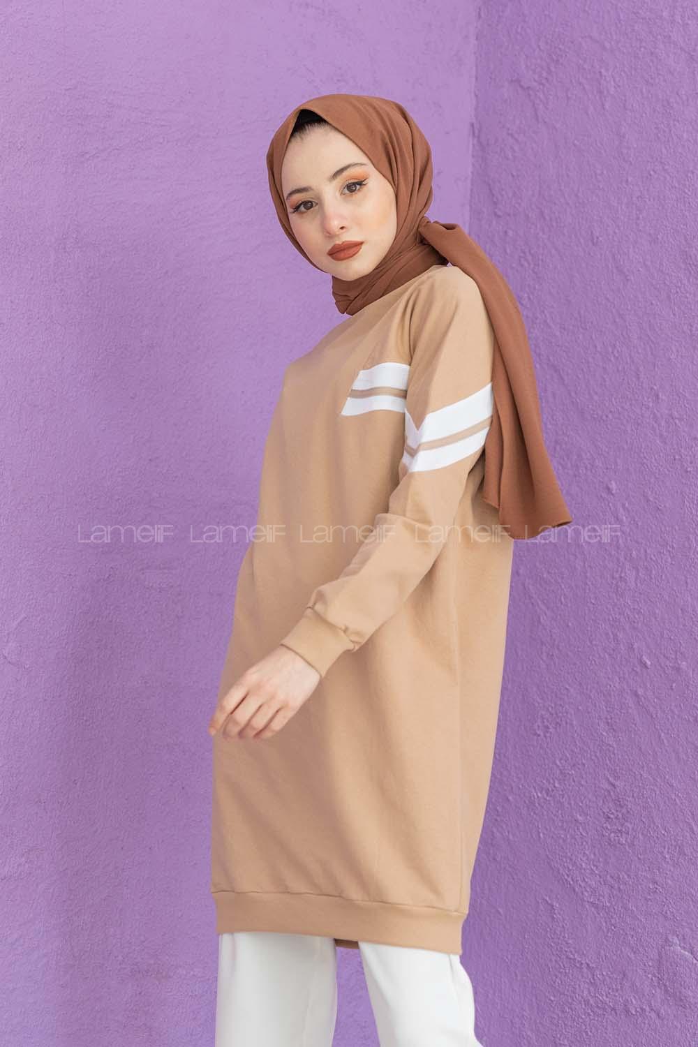 Modalamelif Şeritli Sweatshirt Sütlü Kahve