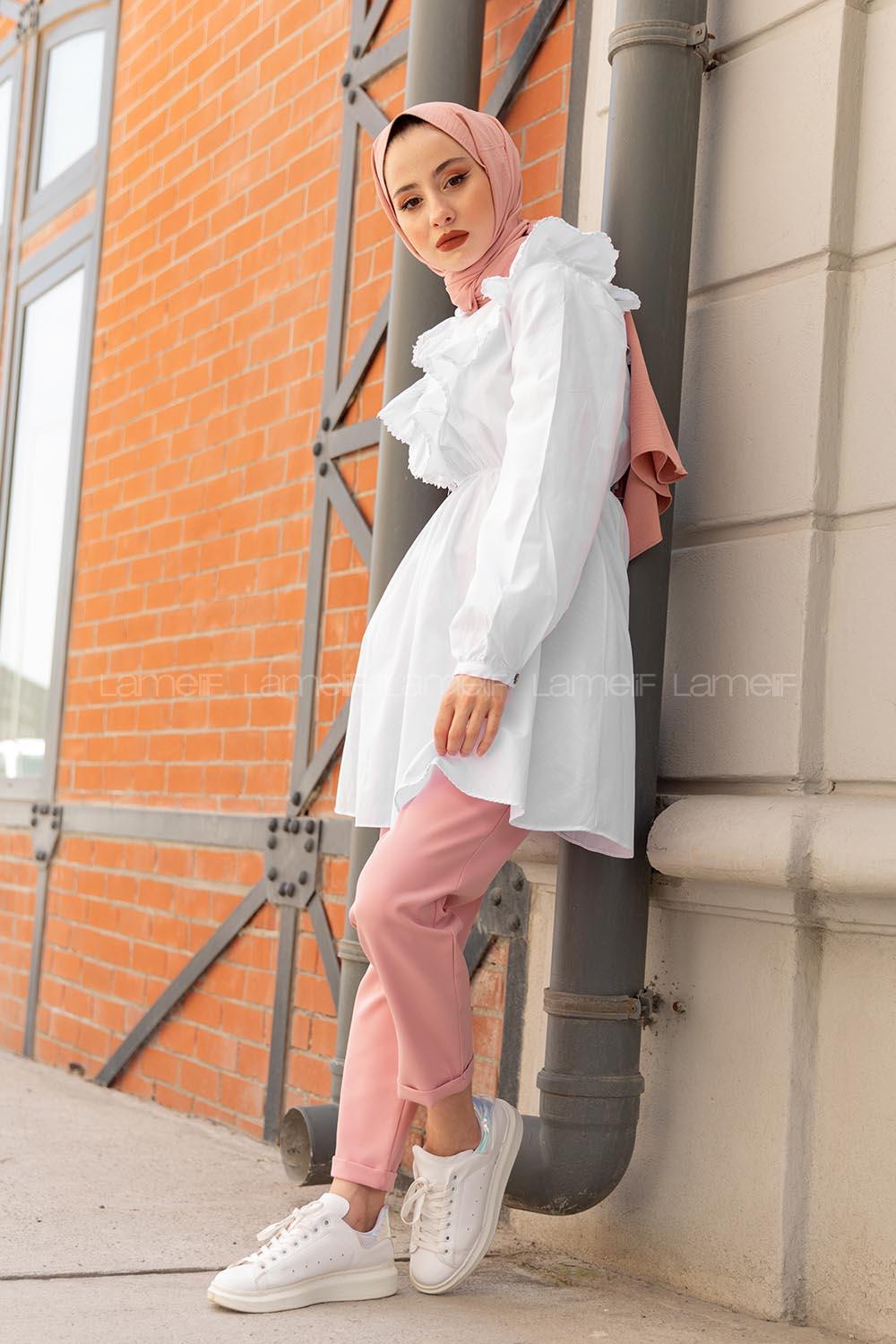 Modalamelif Beli Lastikli Fırfır Dantel Tunik Beyaz