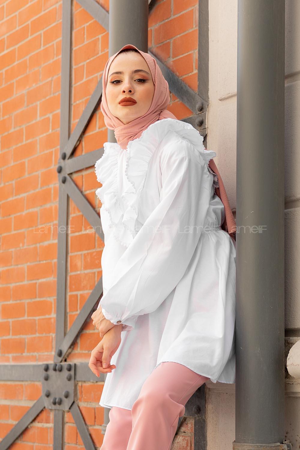 Modalamelif Beli Lastikli Fırfır Dantel Tunik Beyaz