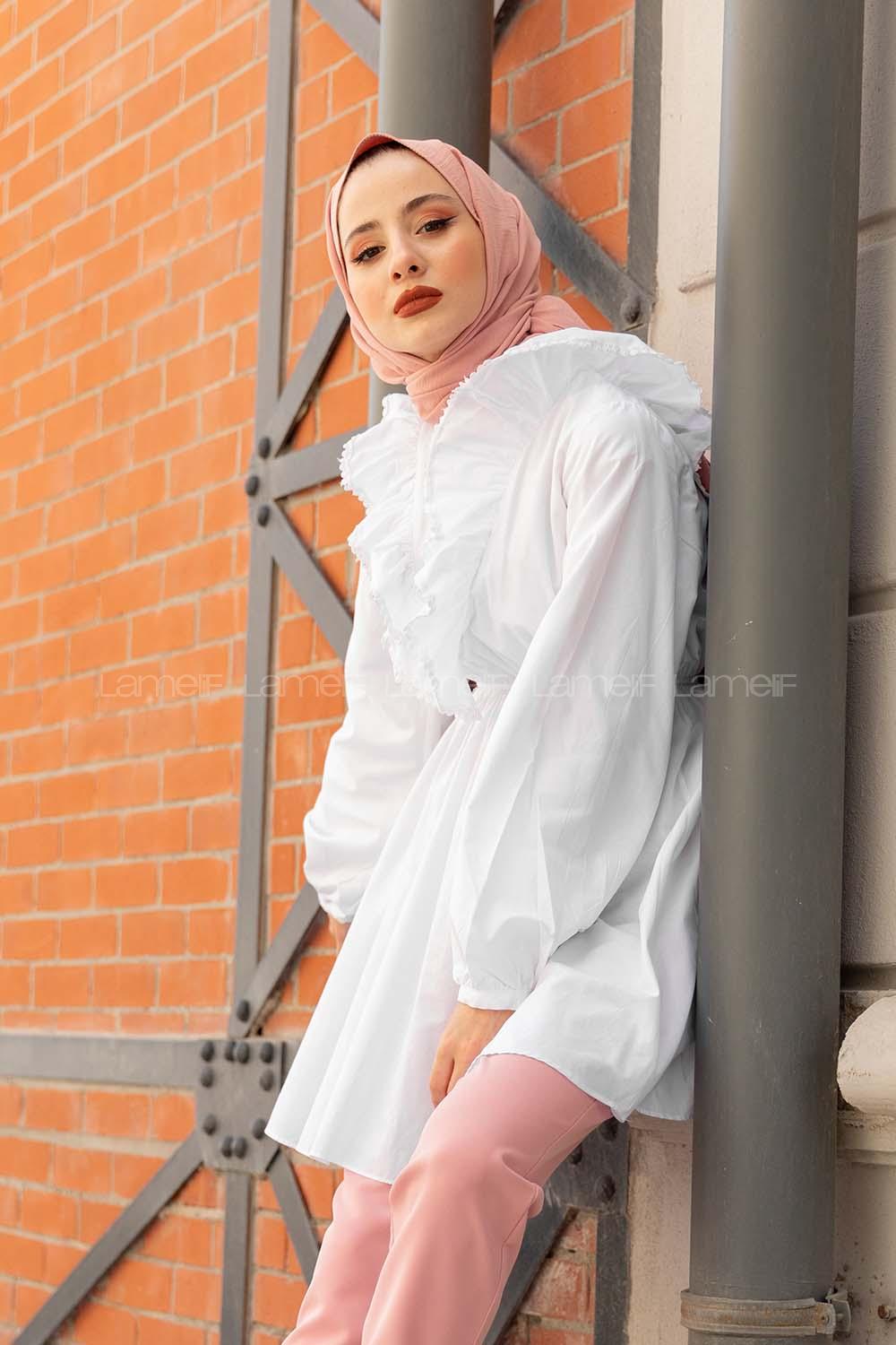 Modalamelif Beli Lastikli Fırfır Dantel Tunik Beyaz