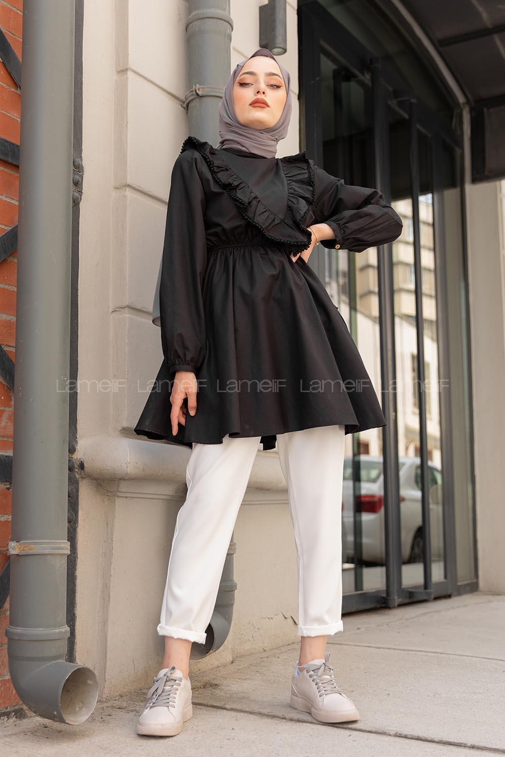 Modalamelif Beli Lastikli Fırfır Dantel Tunik Siyah