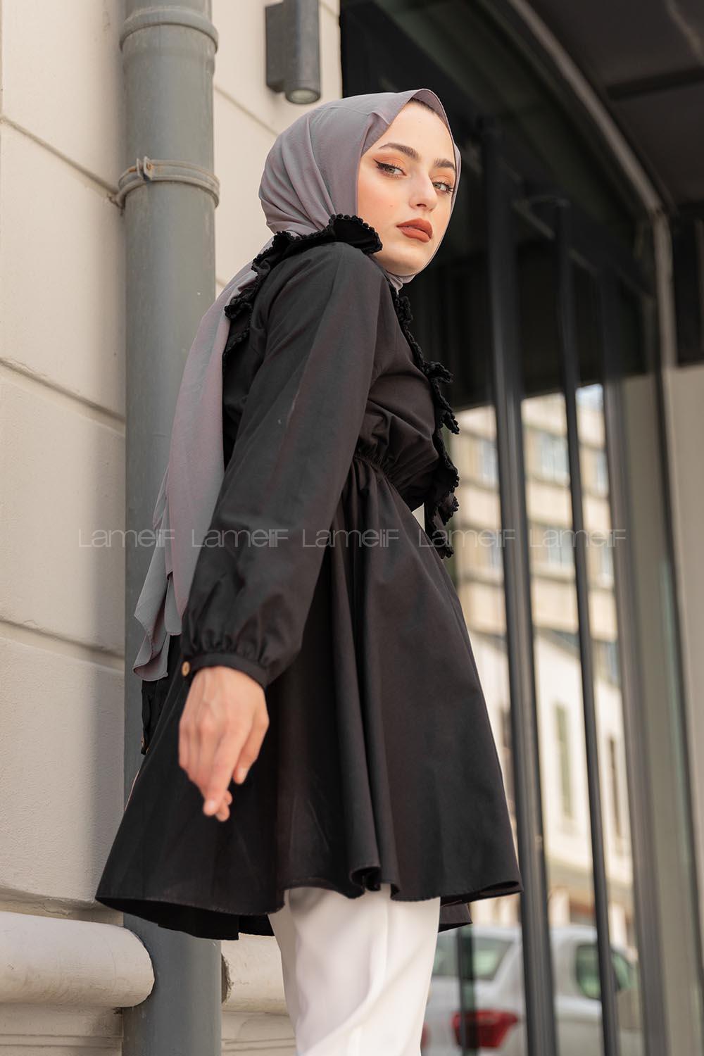 Modalamelif Beli Lastikli Fırfır Dantel Tunik Siyah