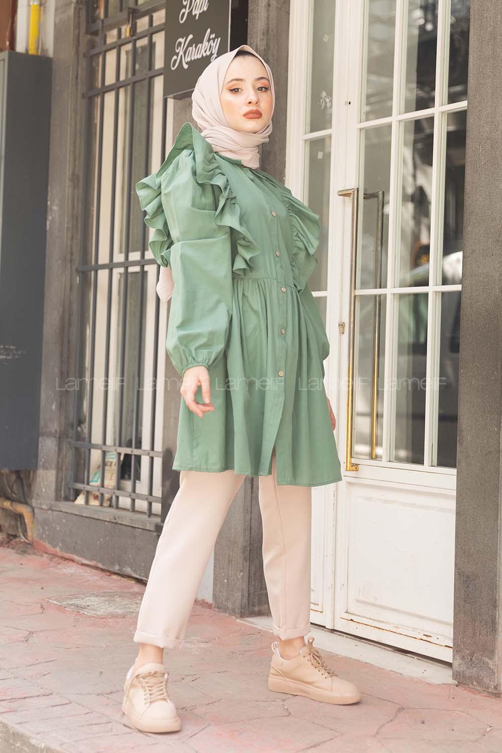 Modalamelif Gömlek Yaka Fırfırlı Tunik Çağla Yeşili