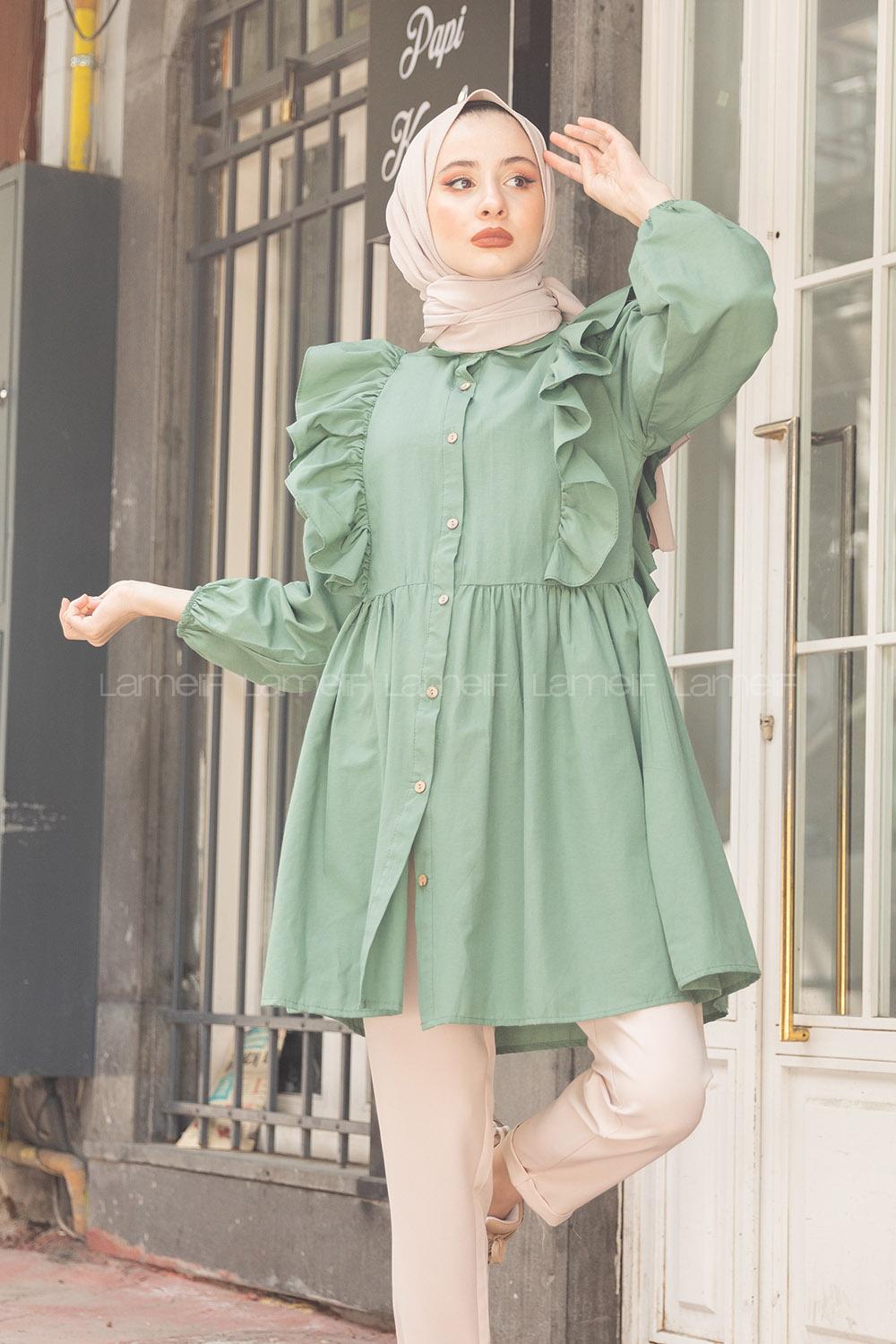 Modalamelif Gömlek Yaka Fırfırlı Tunik Çağla Yeşili