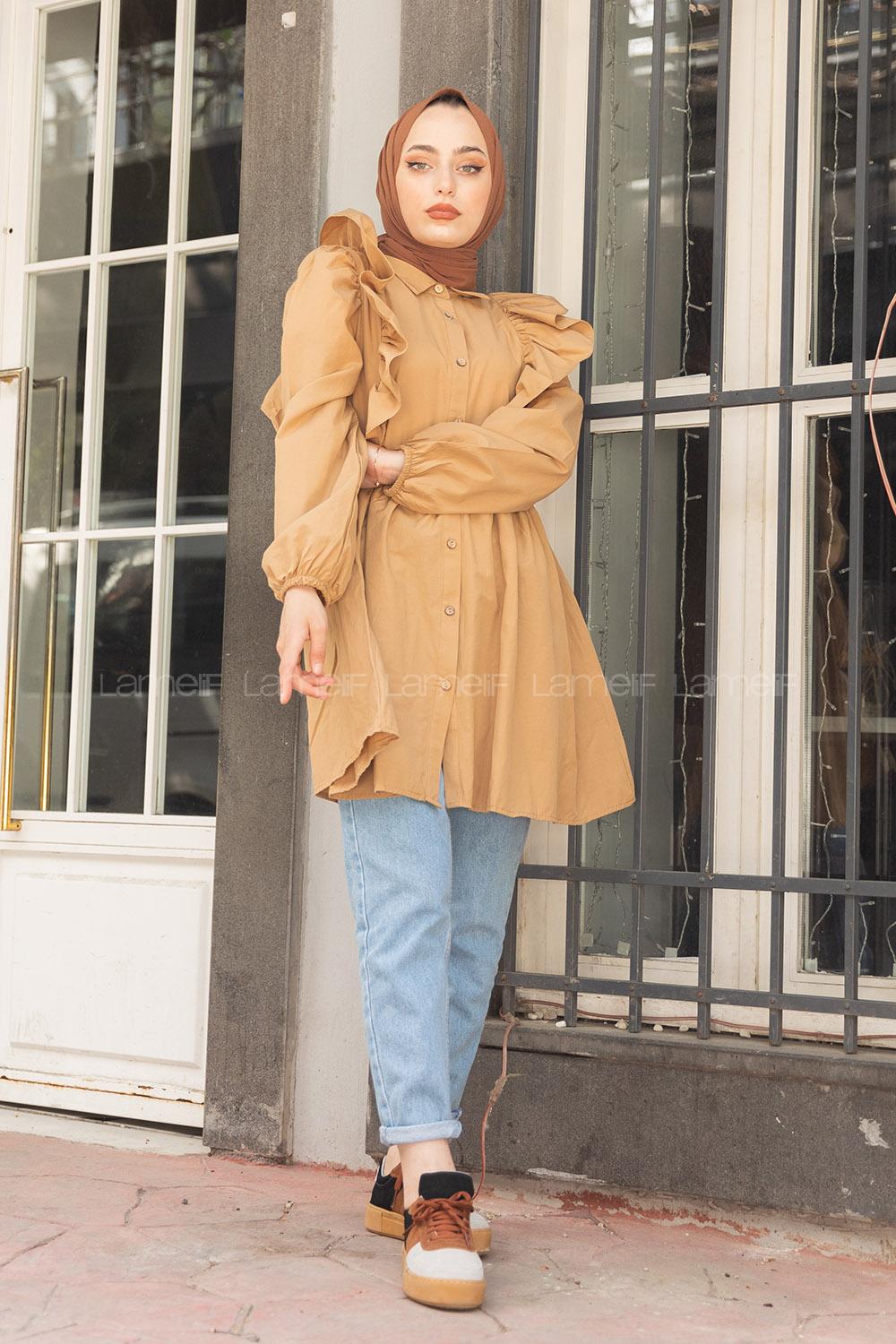 Modalamelif Gömlek Yaka Fırfırlı Tunik Camel