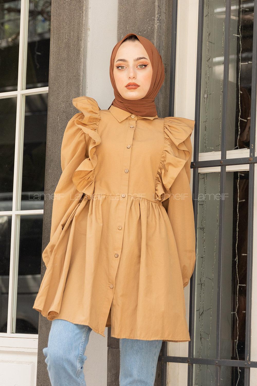 Modalamelif Gömlek Yaka Fırfırlı Tunik Camel