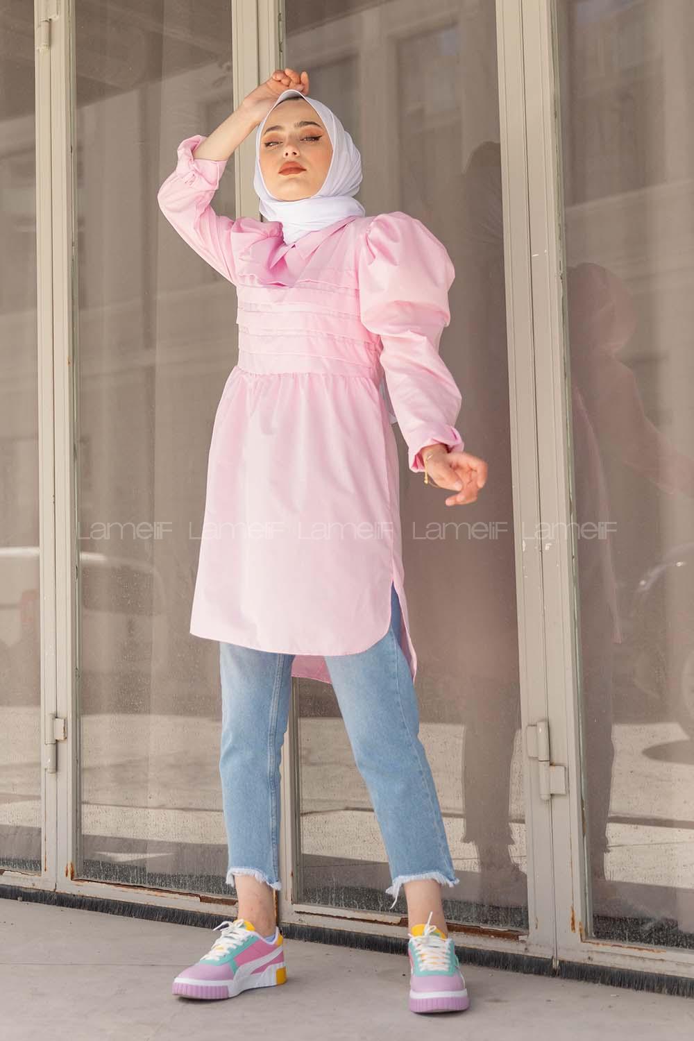 Modalamelif Gömlek Yaka Pileli Tunik Pembe