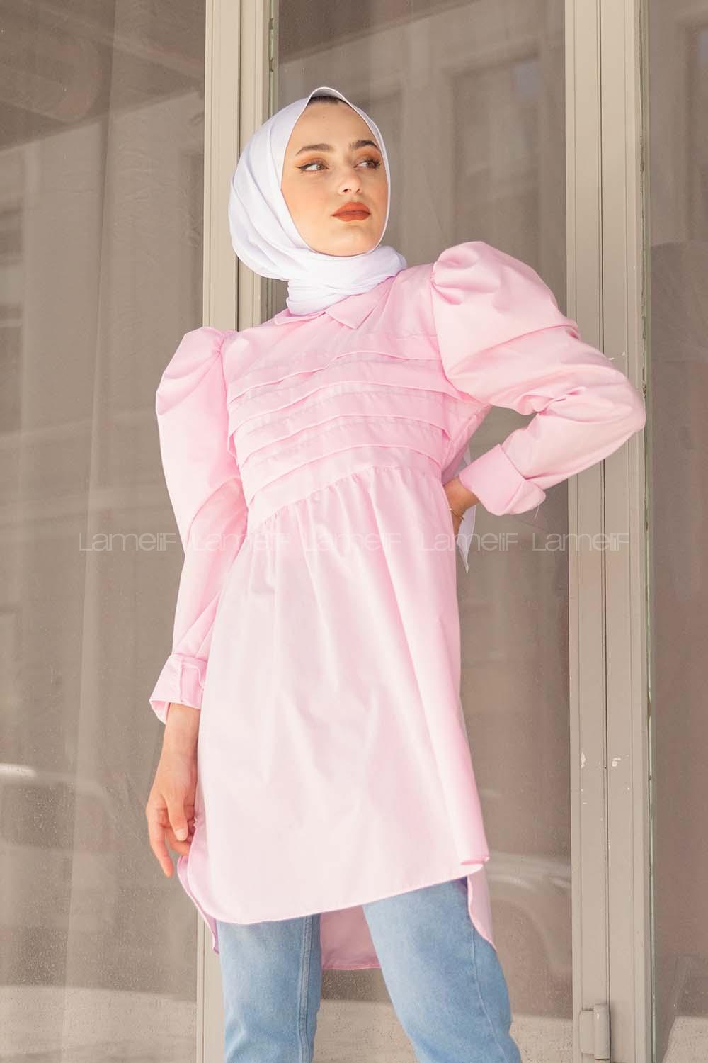 Modalamelif Gömlek Yaka Pileli Tunik Pembe