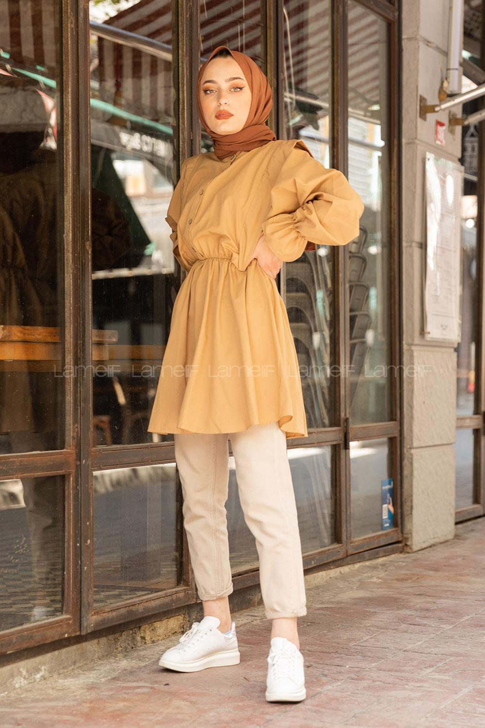 Modalamelif Hakim Yaka Bel Lastikli Tunik Camel