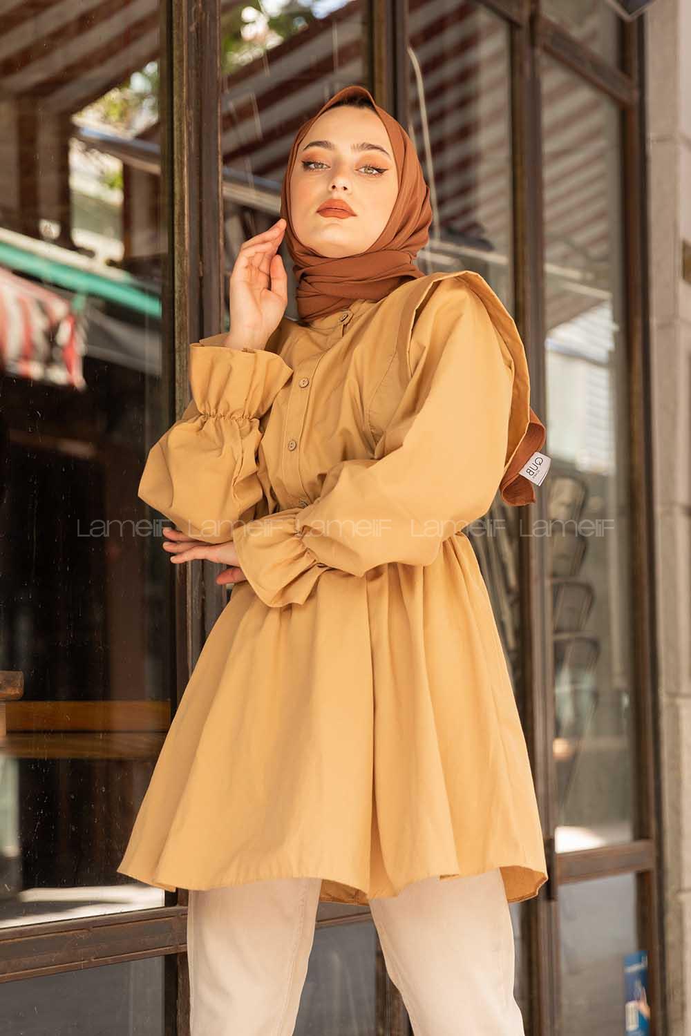 Modalamelif Hakim Yaka Bel Lastikli Tunik Camel