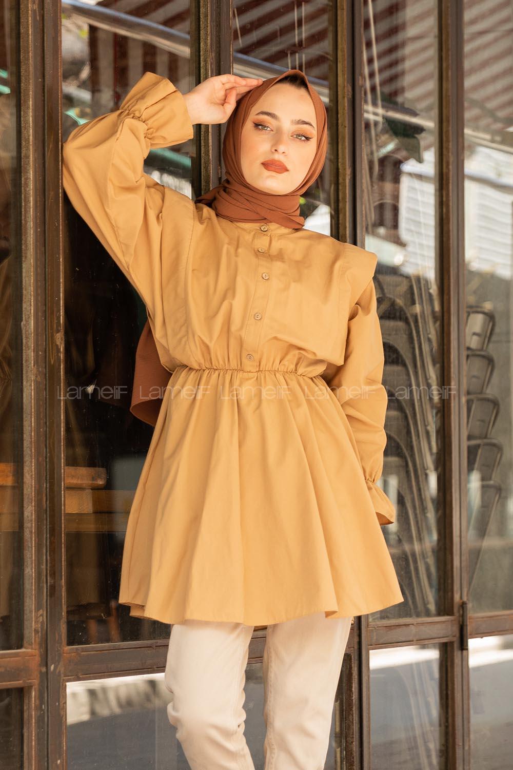 Modalamelif Hakim Yaka Bel Lastikli Tunik Camel